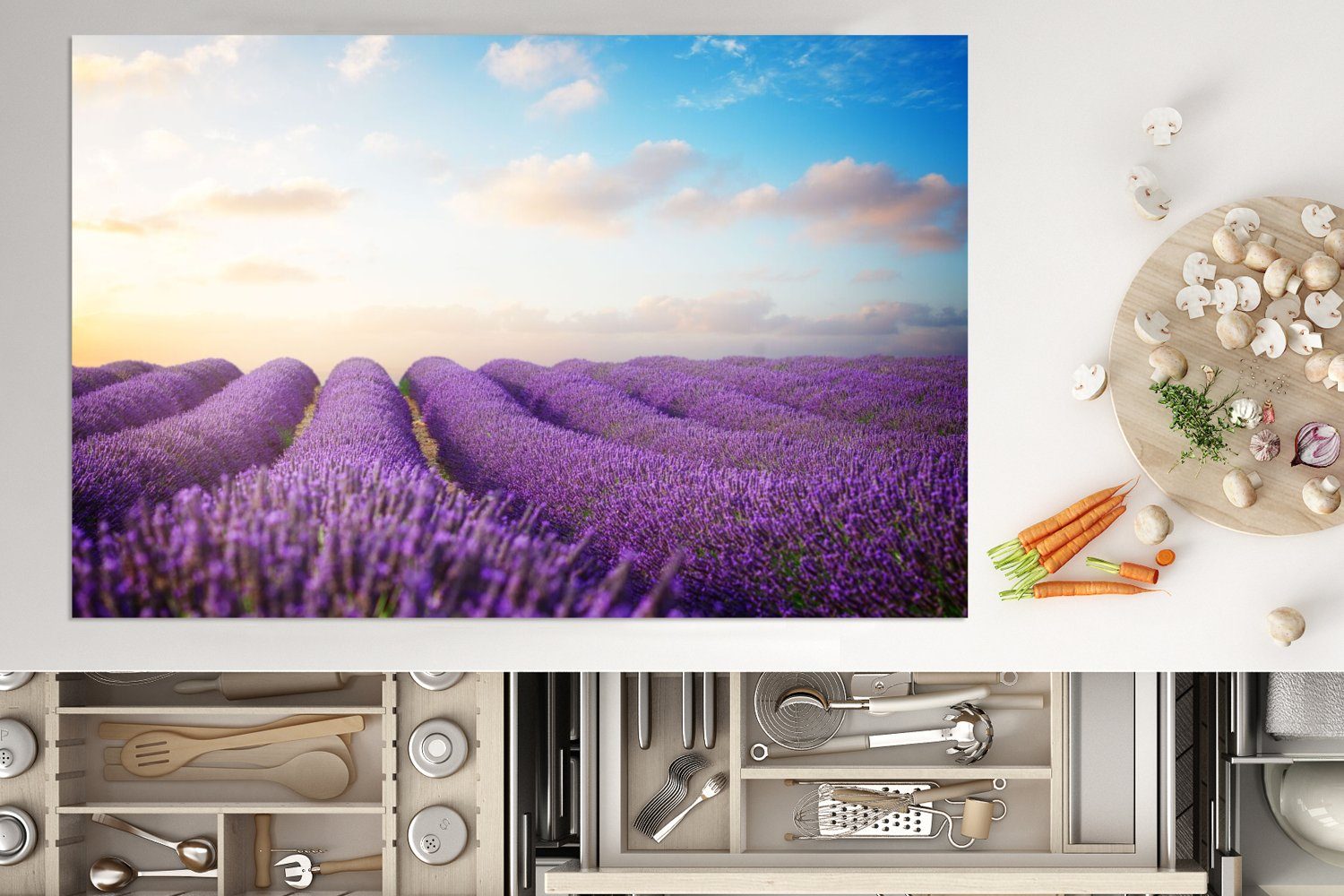 MuchoWow - tlg), für die (1 - Lavendel Himmel cm, 80x52 Schutz Herdblende-/Abdeckplatte Blumen, Vinyl, Wolken - Induktionskochfeld Ceranfeldabdeckung küche,