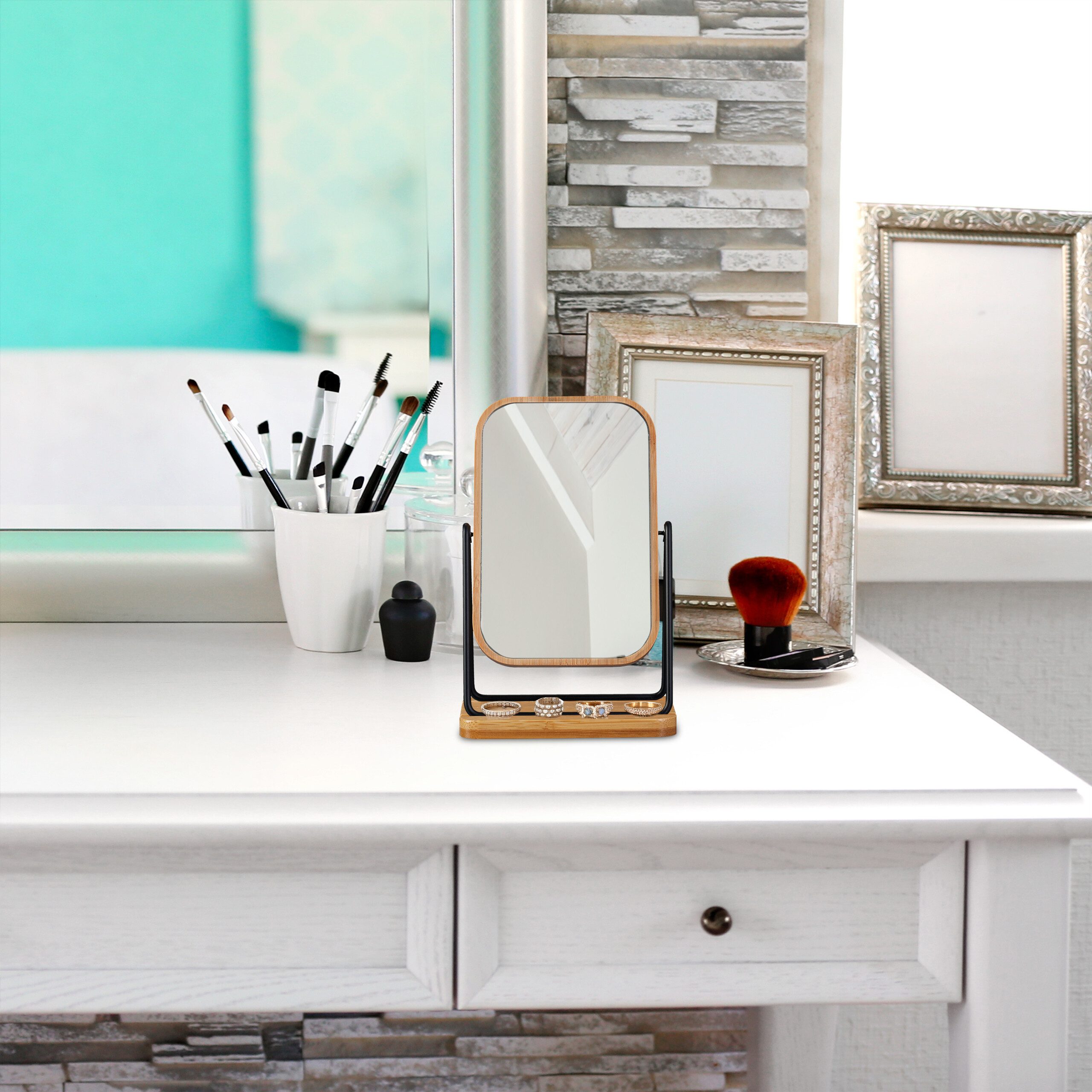 relaxdays Schminkspiegel Tischspiegel mit Bambusrahmen, schwarz günstig online kaufen