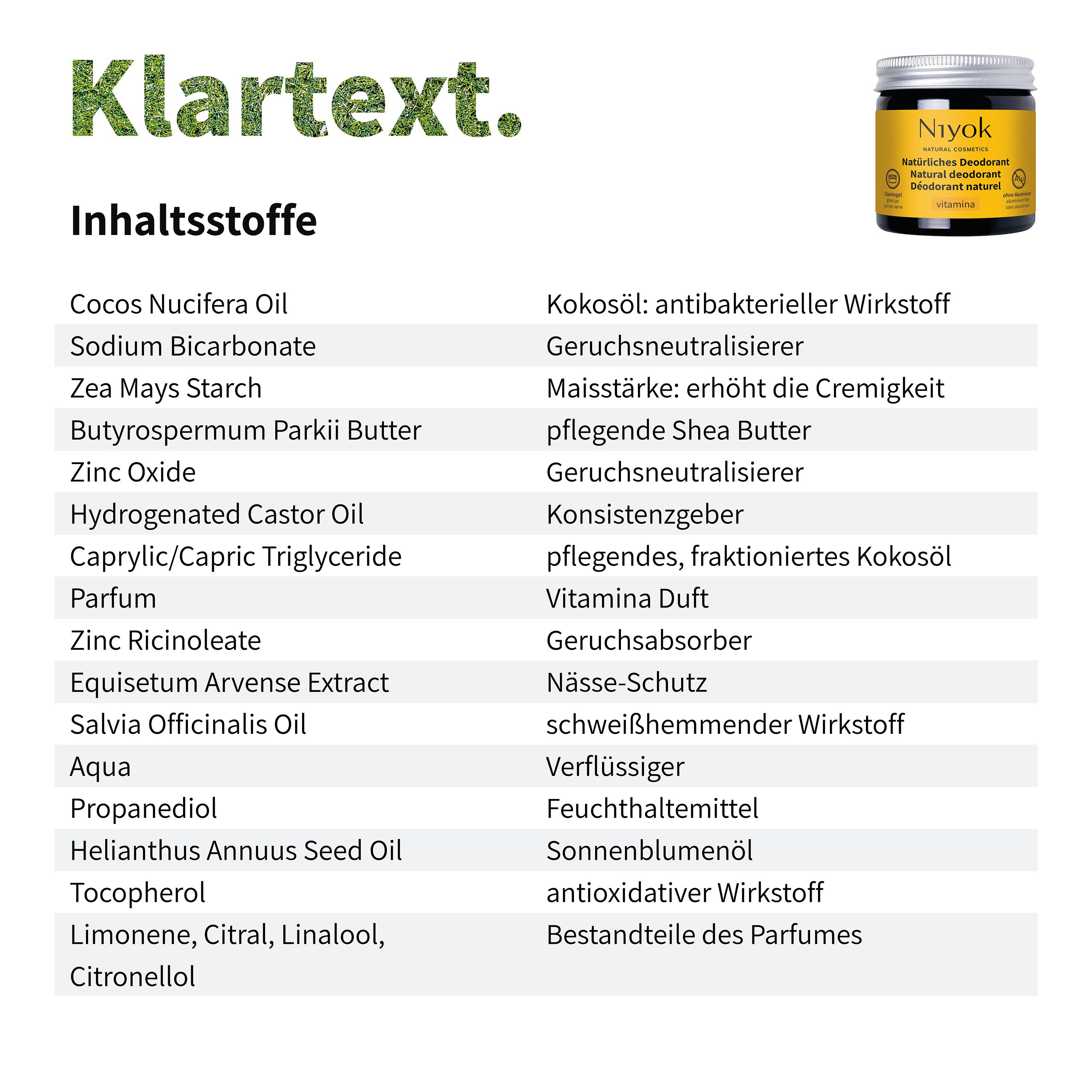 Niyok Deo-Creme 2-in-1 anti-transpirant, Schutz vor Geruch & Schweiß, ohne Alluminium, Vitamina, Deodorant Creme Unisex, Feste Deo Creme, vegan