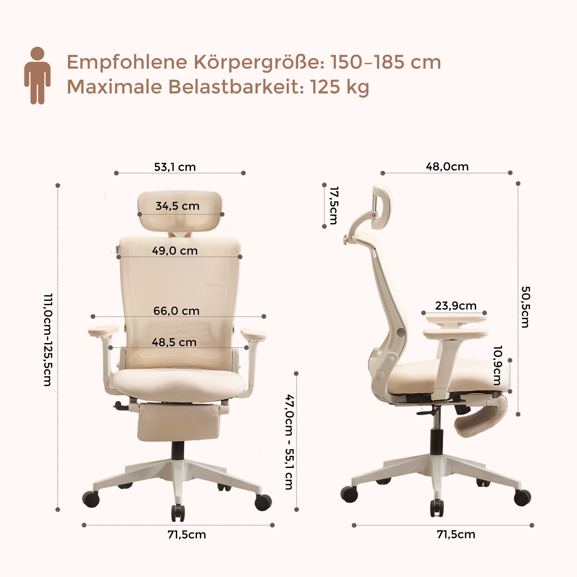 welax Bürostuhl mit 4D-Armlehnen, Fußstütze, Lendenstütze und 2D-Kopfstütze (1 St), Klappbarer ergonomischer Computerstuhl, Schreibtischstuhl & Drehstuhl – Bild 2 von 5
