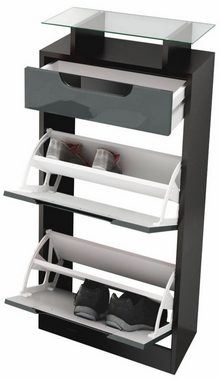 Vladon Schuhschrank Fiesta (Schuhkipper für 8 Paar Schuhe, mit 2 Klappen, Schublade und Glasablage) Schwarz matt/Weiß glänzend, Mulden in Schwarz glänzend (46x104x23 cm)