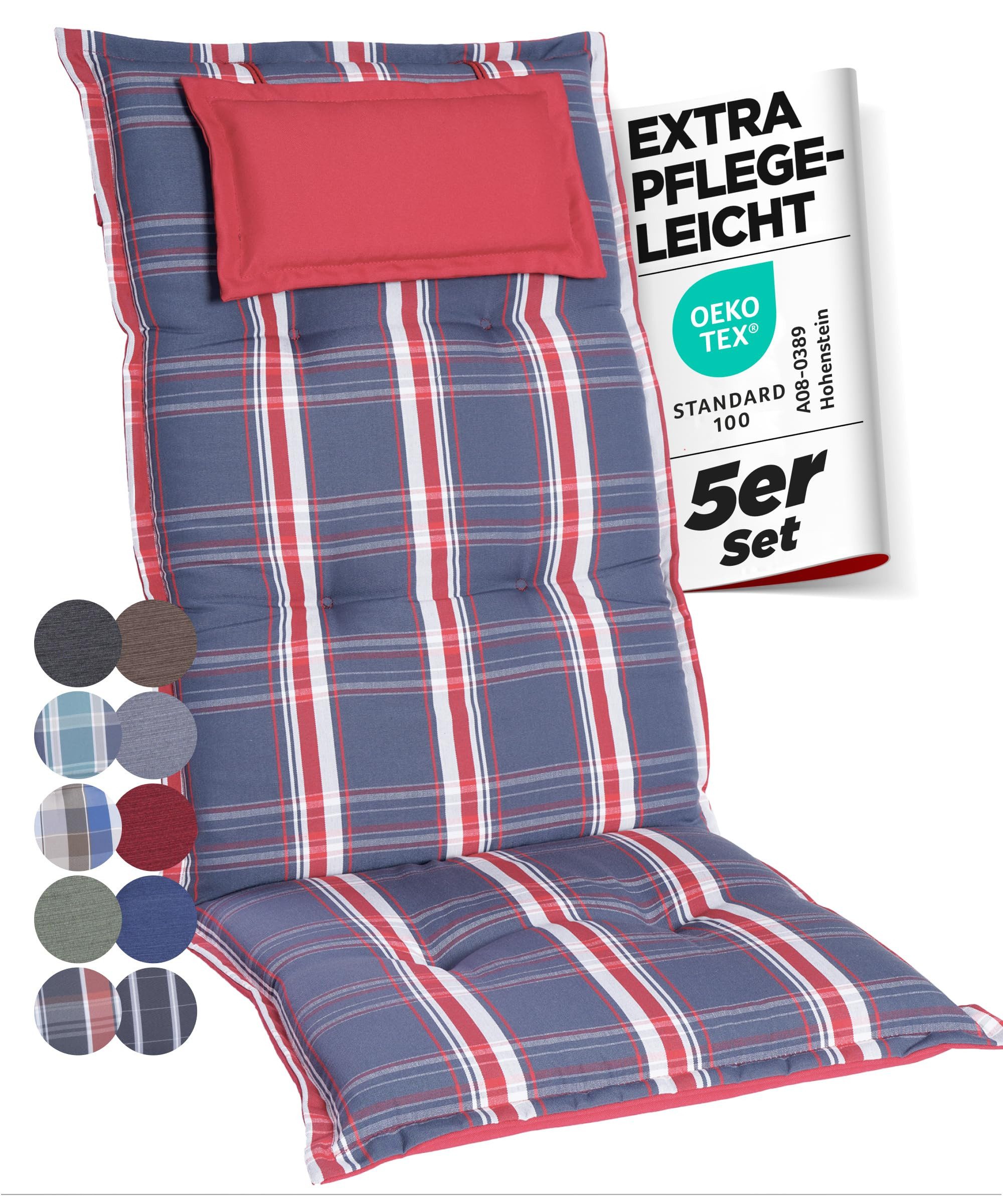 Gardisun Auflagekissen Gartenstuhlauflagen Polyester 6,5cm Hoch, Kopfteil, (Extra dicke Sitzauflage, 1-8er Set, versch. Muster)