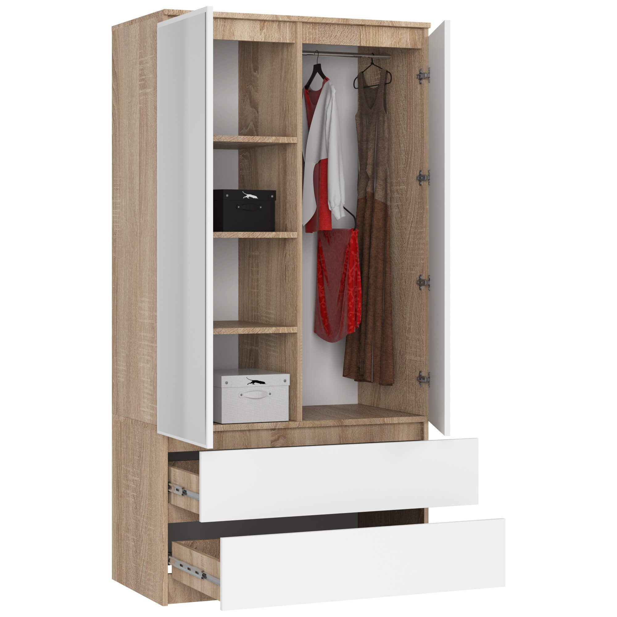 Raumhirsch Furniture Kleiderschrank Moderner Kleiderschrank 90 cm - Praktischer Stauraum - Schlafzimmer Eleganter Schrank mit Spiegel & Stauraum in Sonoma Weiß