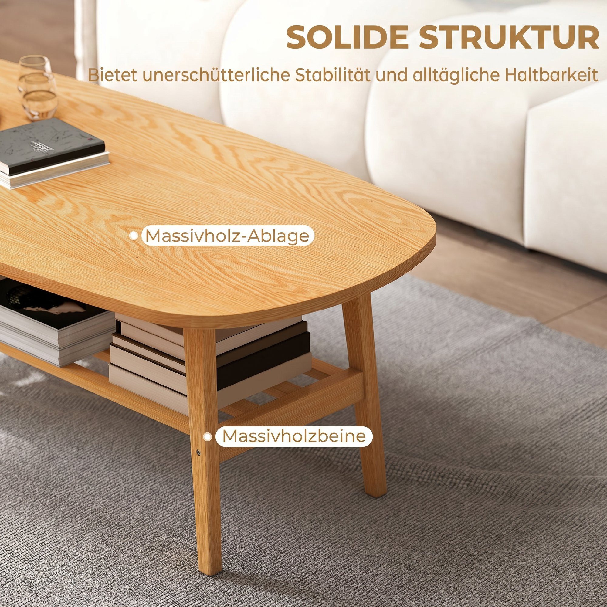 HOMCOM Couchtisch Sofatisch für Wohnzimmer (Set, 1-St., 1 Tisch), Ovale Tischplatte mit Ablage – Bild 5 von 5