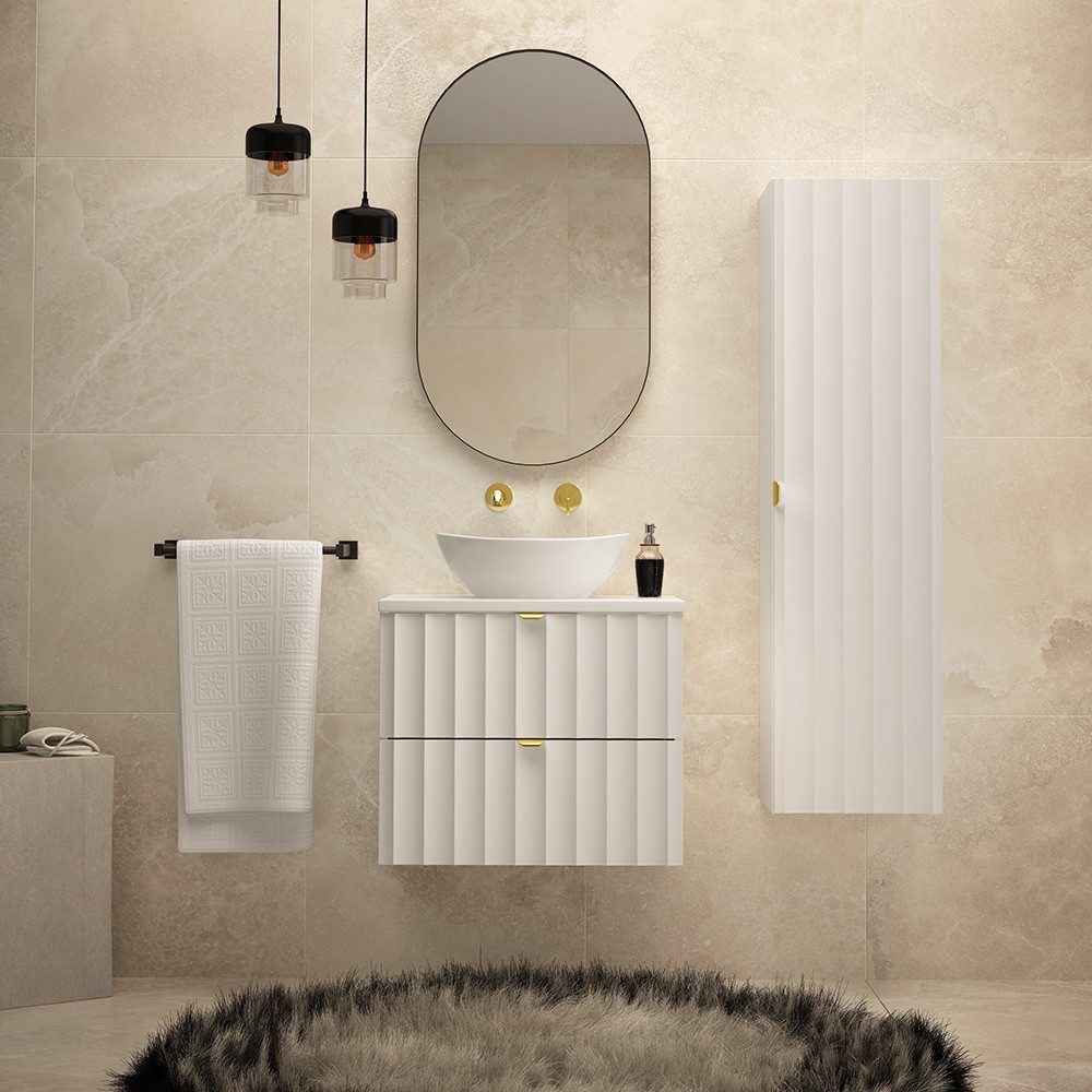 Lomadox Badmöbel-Set AVOLA-140, (Spar-Set, 3-St., Waschbeckenunterschrank Spiegel Hochschrank), Badezimmer Set inkl. Waschtisch Gäste WC modern in weiß matt
