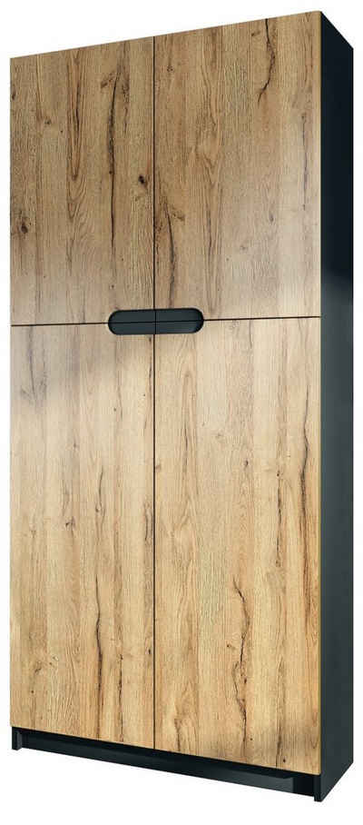 Vladon Aktenschrank Logan (Aktenschrank, mit 5 Fächern und 4 Türen) Schwarz matt/Eiche Natur (82 x 185 x 37 cm)