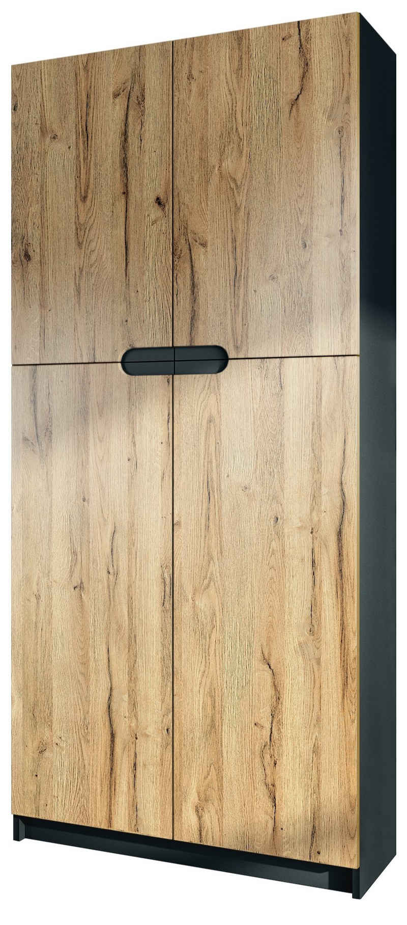 Vladon Aktenschrank Logan (Aktenschrank, mit 5 Fächern und 4 Türen) Schwarz matt/Eiche Natur (82 x 185 x 37 cm)