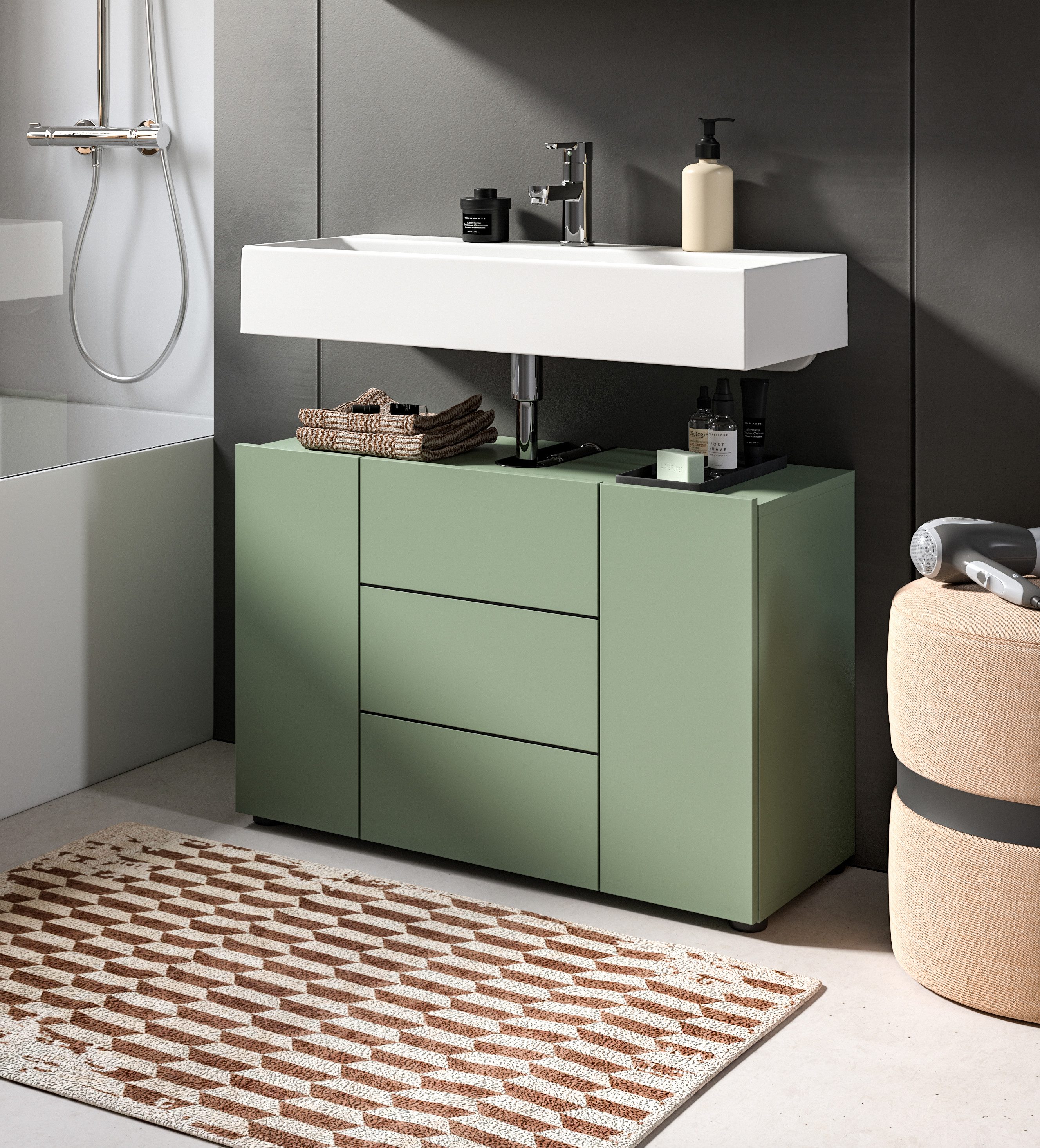 welltime Waschbeckenunterschrank BIEL, Breite: 82 cm, 3 Türen, 4 Fächer, Siphonausschnitt (1-St) Waschbeckenunterschrank, Unterschrank, WBU, Badezimmer, Bad