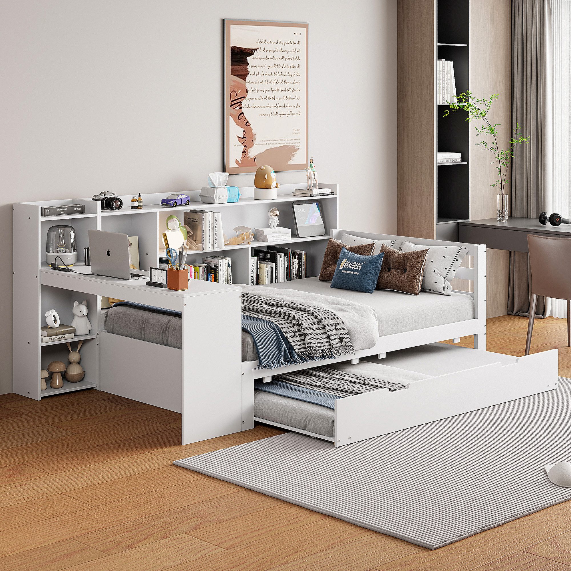 Odikalo Ausziehbett Daybett Schlafsofa Schreibtisch Regal Ablagefach Weiß/Grau 90/140, Multifunktionales Holzbett, Mit Steckdose