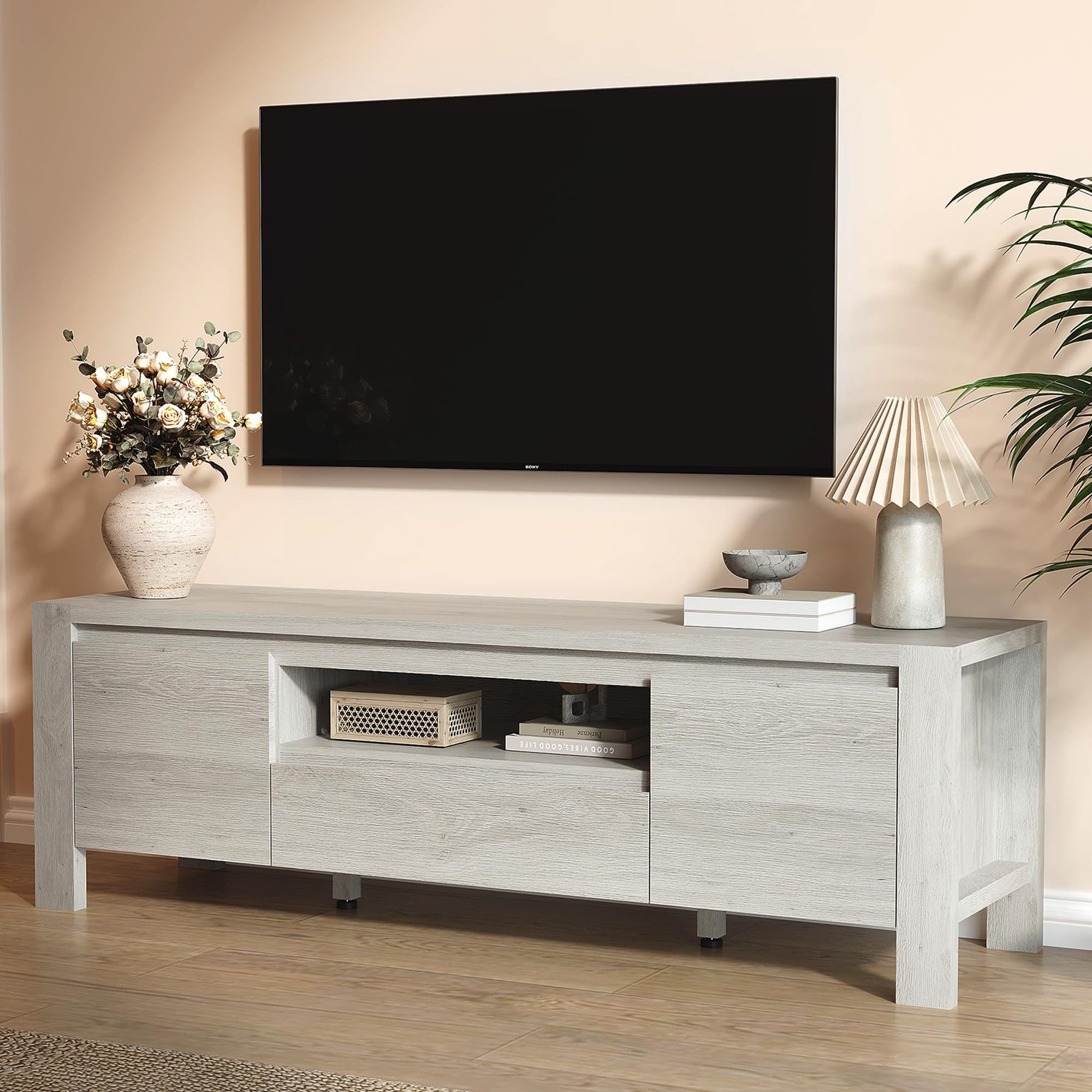 GarveeMore TV-Schrank Farmhouse TV-Schrank mit Schränken und Regalen, Naturholz Stauraum