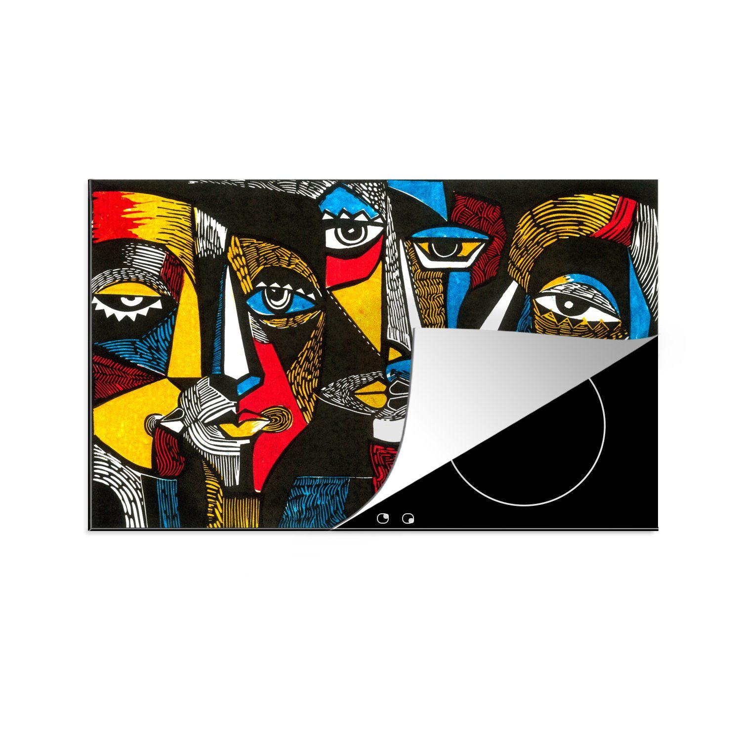 MuchoWow Herdblende-/Abdeckplatte Malerei - Kubismus - Ölgemälde - Maske, Vinyl, (1 tlg), 81x52 cm, Induktionskochfeld Schutz für die küche, Ceranfeldabdeckung