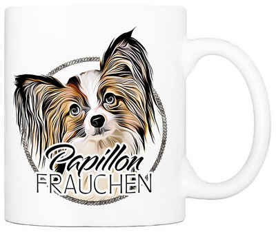 Cadouri Tasse PAPILLON FRAUCHEN - Kaffeetasse für Hundefreunde, Keramik, mit Hunderasse, beidseitig bedruckt, handgefertigt, Geschenk, 330 ml