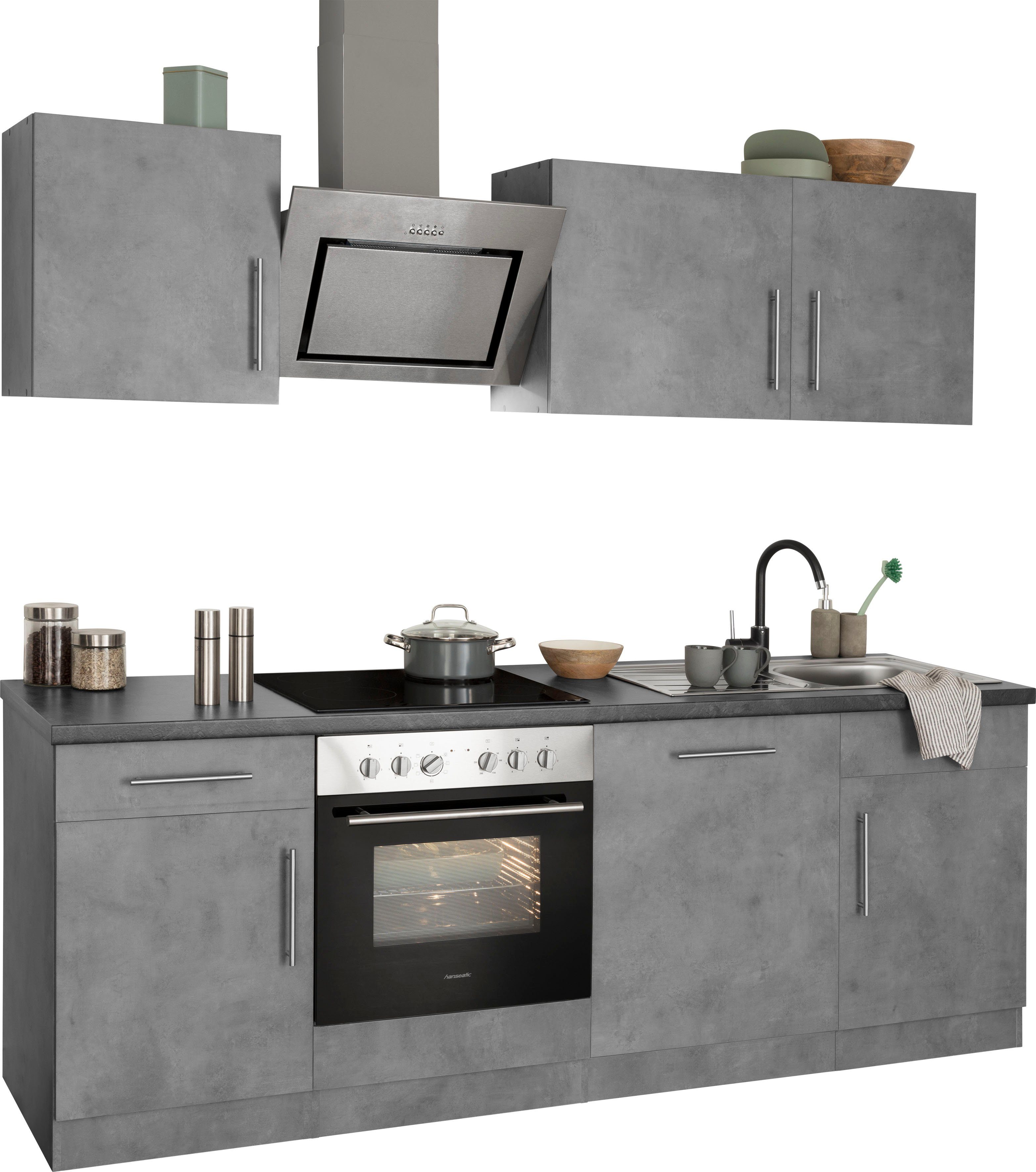 Schwarz Küchen E-Geräten | 220 Breite Hanseatic mit cm Küchenzeile Betonfarben, wiho Cali, Arbeitsplatte: mit Granit Betonfarben E-Geräten, Front: