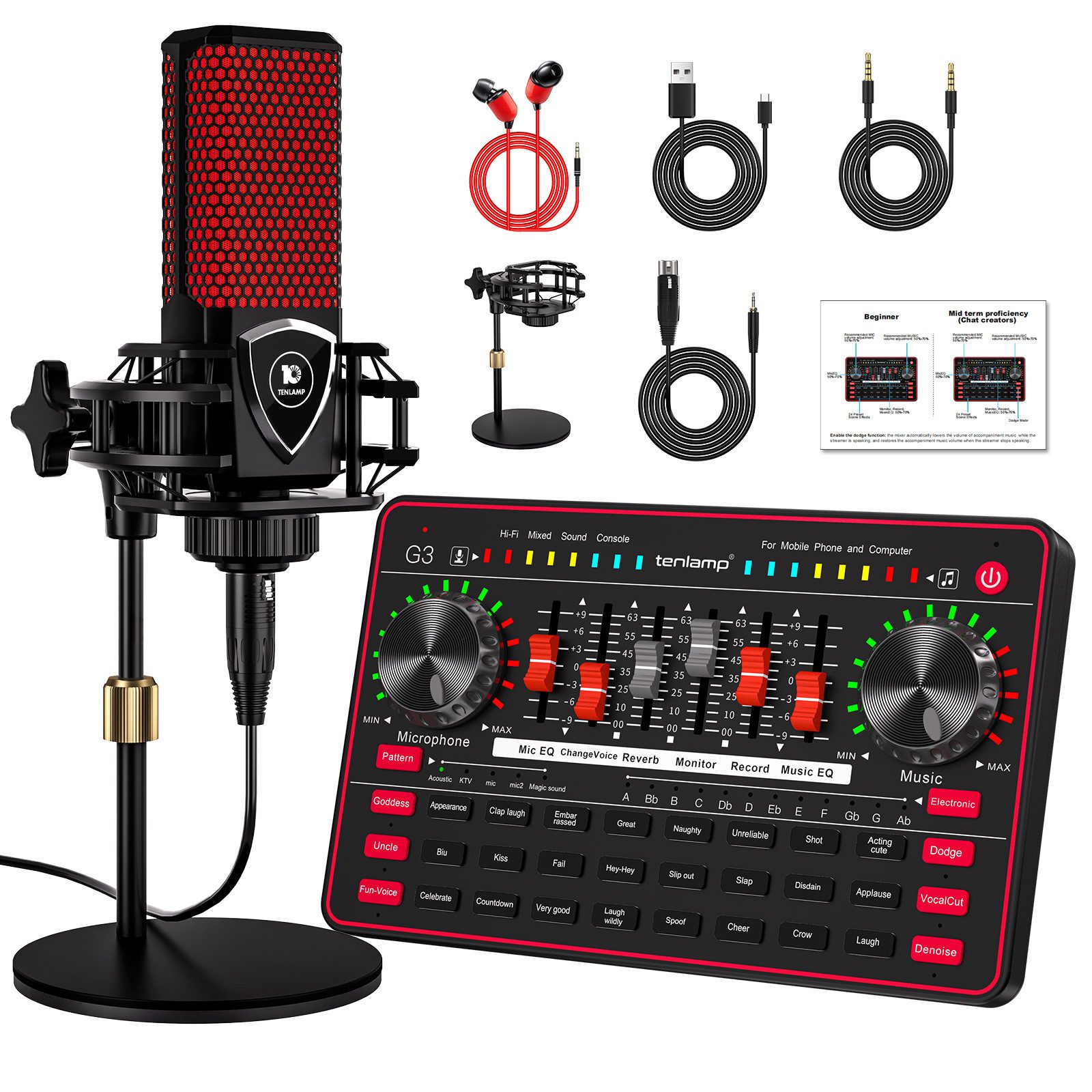 Tenlamp Podcast-Mikrofon-Set mit Soundkarte, Audio-Mixer für PC/Telefon Soundkarte 5.1 Kanäle, Set mit 2 Kondensatormikrofonen, Sprachwechsler, Rauschunterdrückung