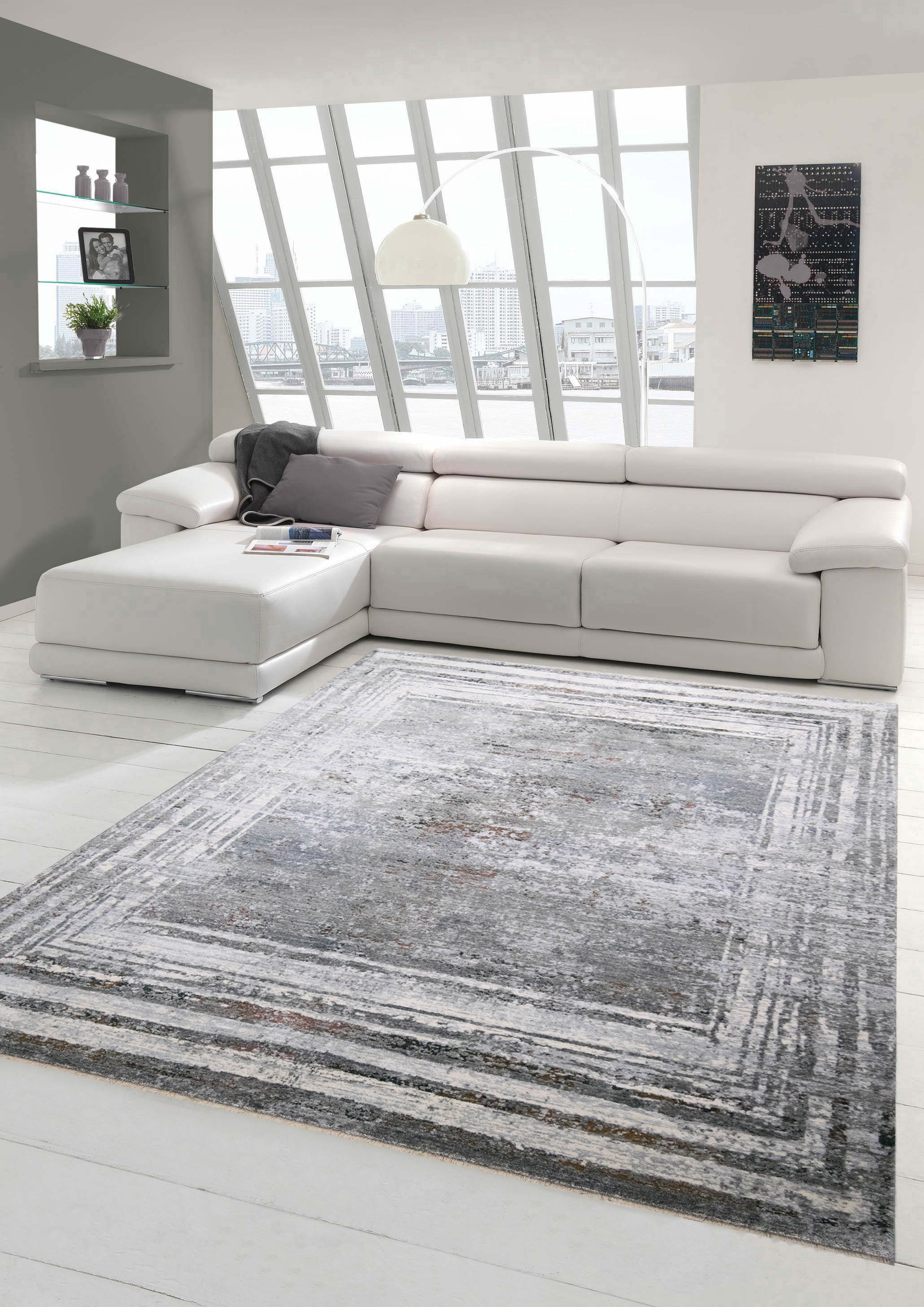 Teppich Wohnzimmer Teppich Vintage abstrakte quadratische Umrandung  Designerteppich gestreift Flur Diele in creme grau weiß braun, Teppich-Traum,  rechteckig, Höhe: 7 mm