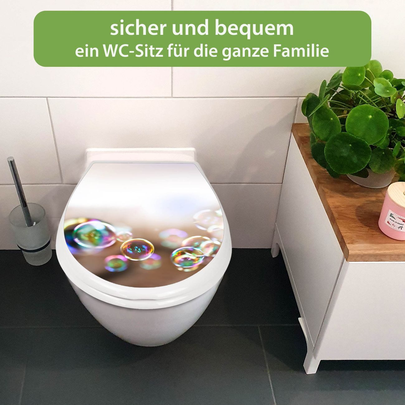 banjado WC-Sitz mit Kindersitz Motiv Seifenblasen (mit Kindersitz, integrierte Scharniere), 44,9 x 37,1 x 5 cm