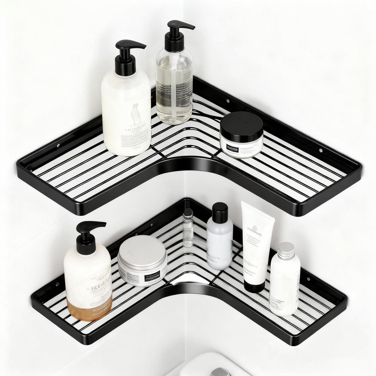 LuxusKollektion Eckregal Duschregal Ecke ohne Bohren 2Stk Schwarz, 2-tlg.