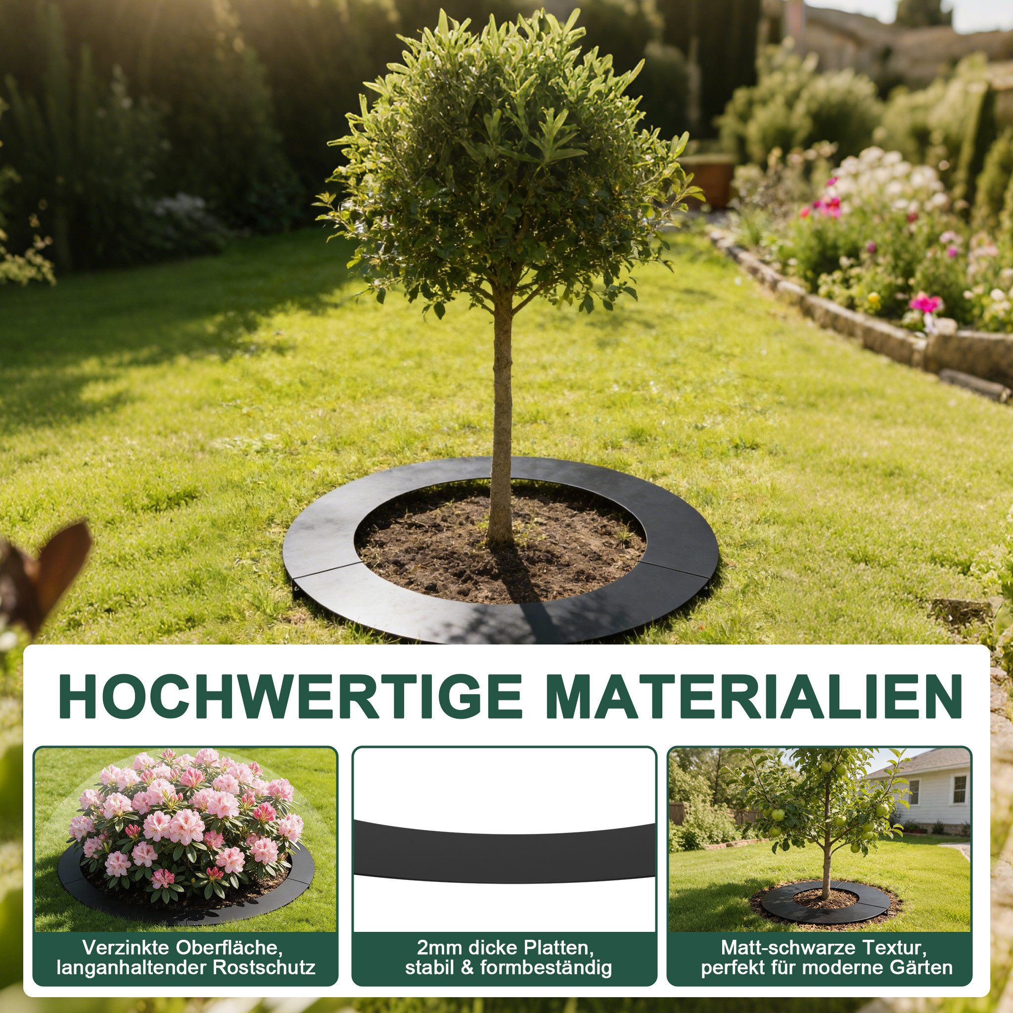 FIVMEN Beetumrandung Mähkante Rasenkante Baumring aus Stahl Gartenpflege, für Bäume & Sträucher, Mähroboter-kompatibel Gartendeko