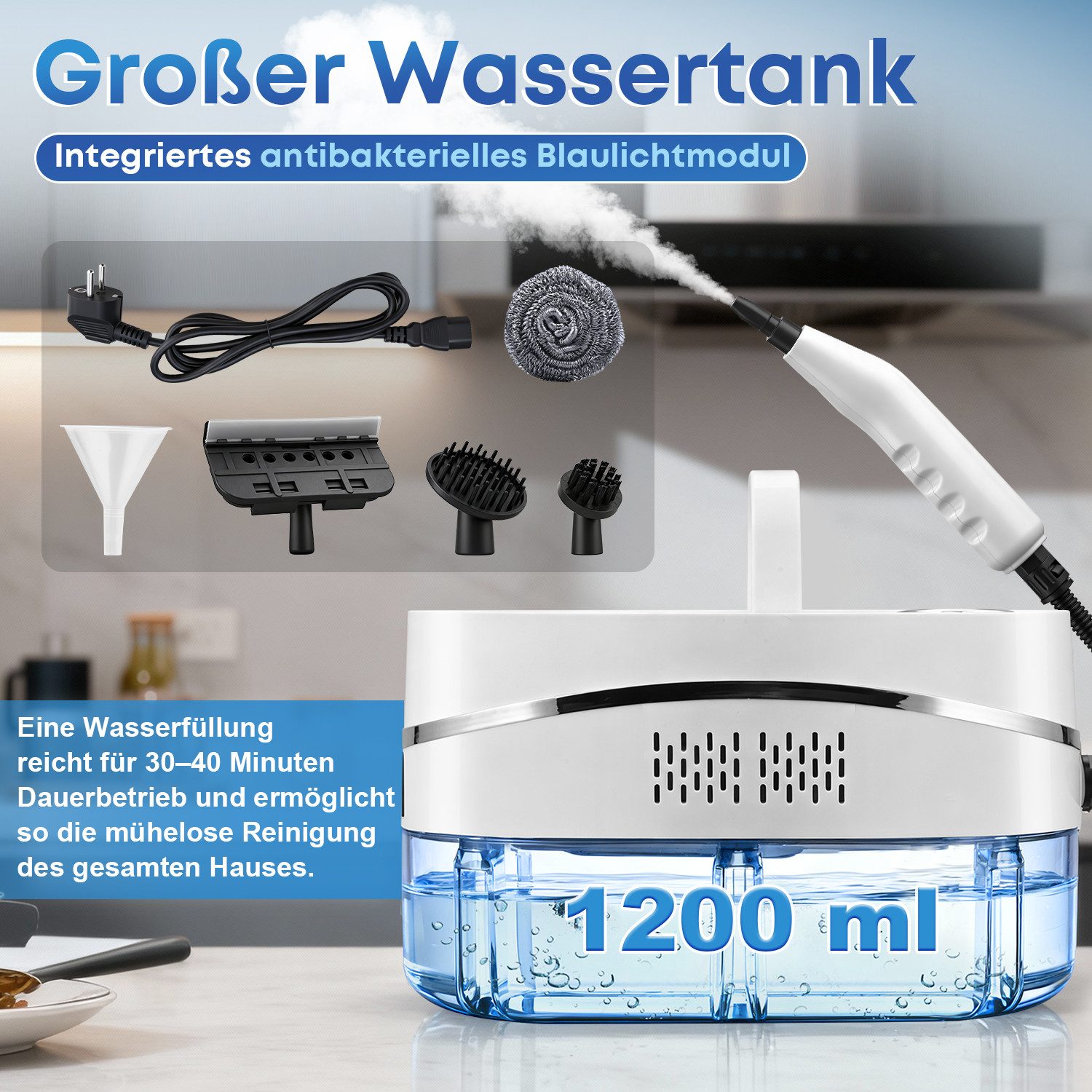 CkeyiN Pro Dampfreiniger Handdampfreiniger,1200 ml Tank,Küchenreiniger,Tragbarer Reiniger, 1500 W, mit 8 Aufsätzen,für Boden, Küche, Fenstern,Badezimmern, Autos