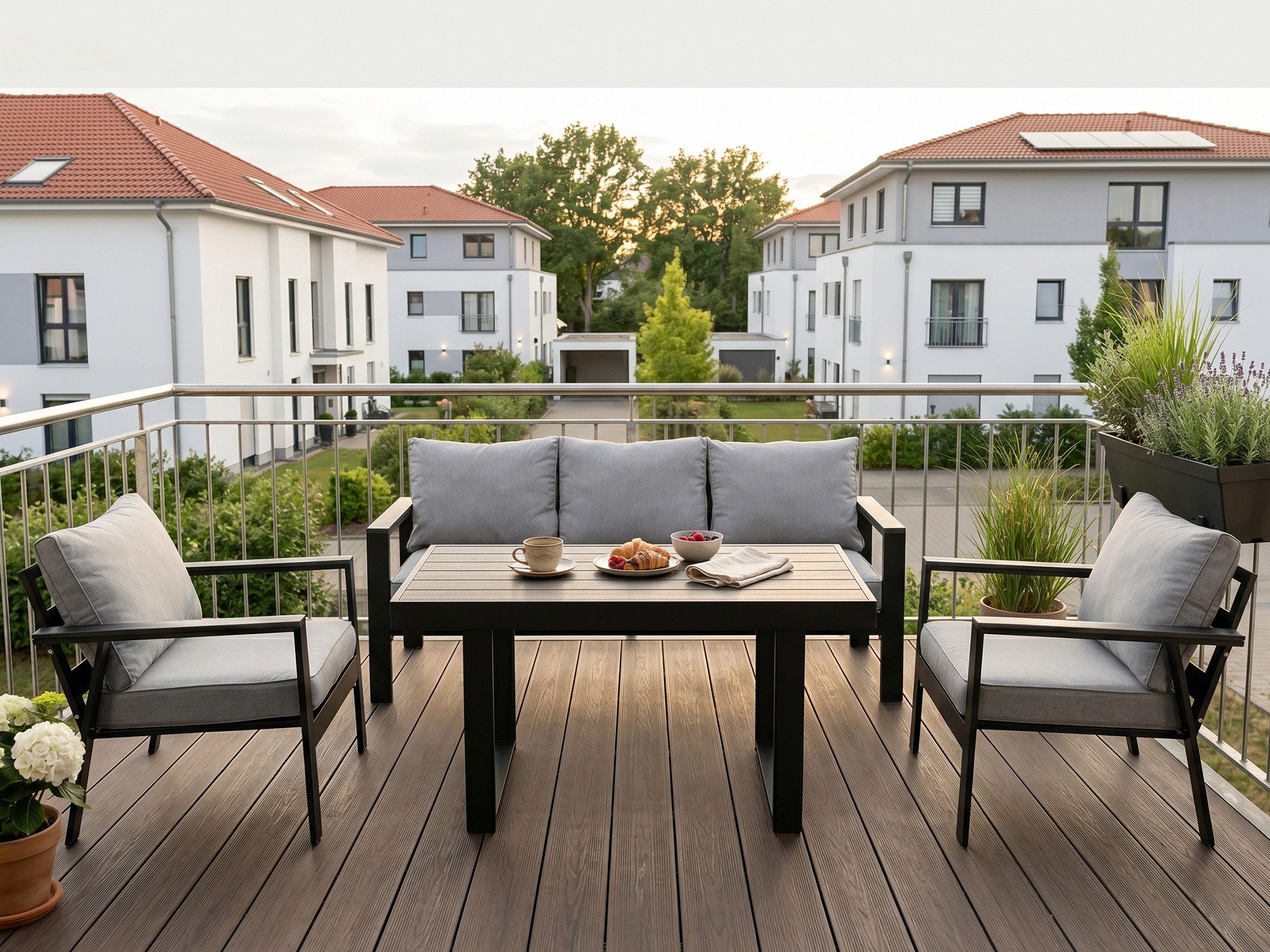 MeXo Gartenlounge-Set Aluminium 5-6 Personen, (Wetterfestes Gartenmöbel Set, mit Dicken Kissen & Großem Esstisch, 4-tlg., Belastbarkeit pro Sitzplatz 140kg), Gemütliche Sitzgruppe für Terrasse, Balkon & Garten
