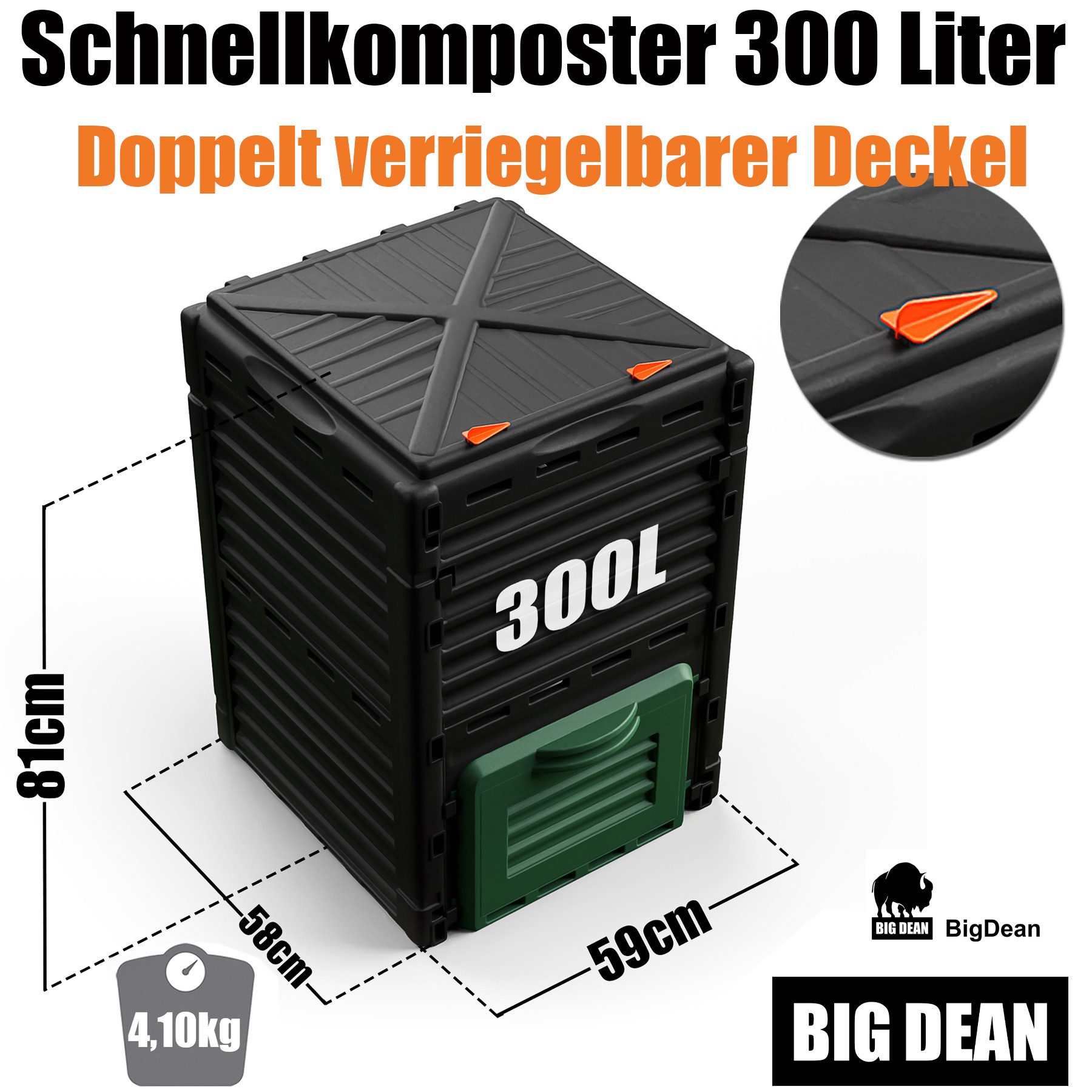 BigDean Schnellkomposter Komposter Garten 300 Liter - aus wetterfestem Kunststoff, BxTxH: 58x59x81 cm, 300 l, (1 St), Wetterfester Robuster Kunststoff, Langlebig, UV-Beständig