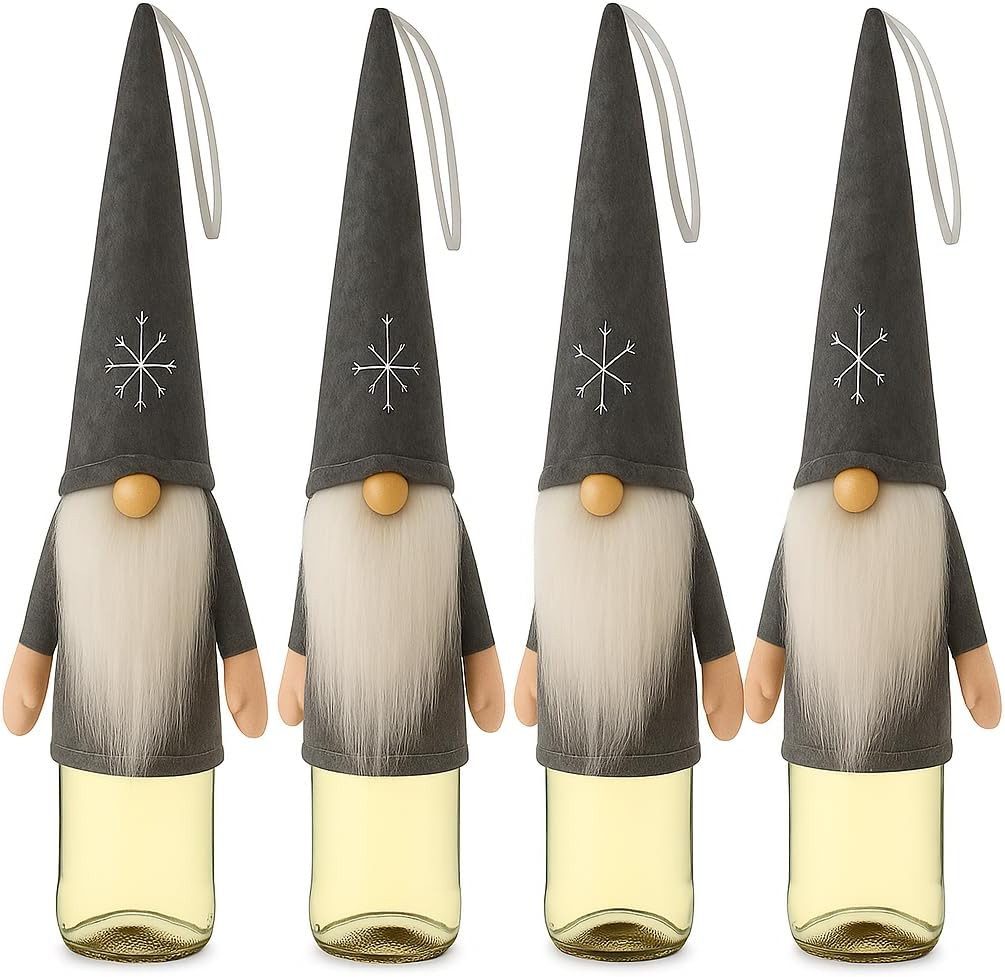 hausleben Dekofigur Flaschen-Dekoration Wichtel 4er Set Filz Grau, 35 cm (Set, 4 St., 4er Set Flaschen-Wichtel aus Filz in Grau, 35 cm), Weihnachtsdeko für Weinflaschen