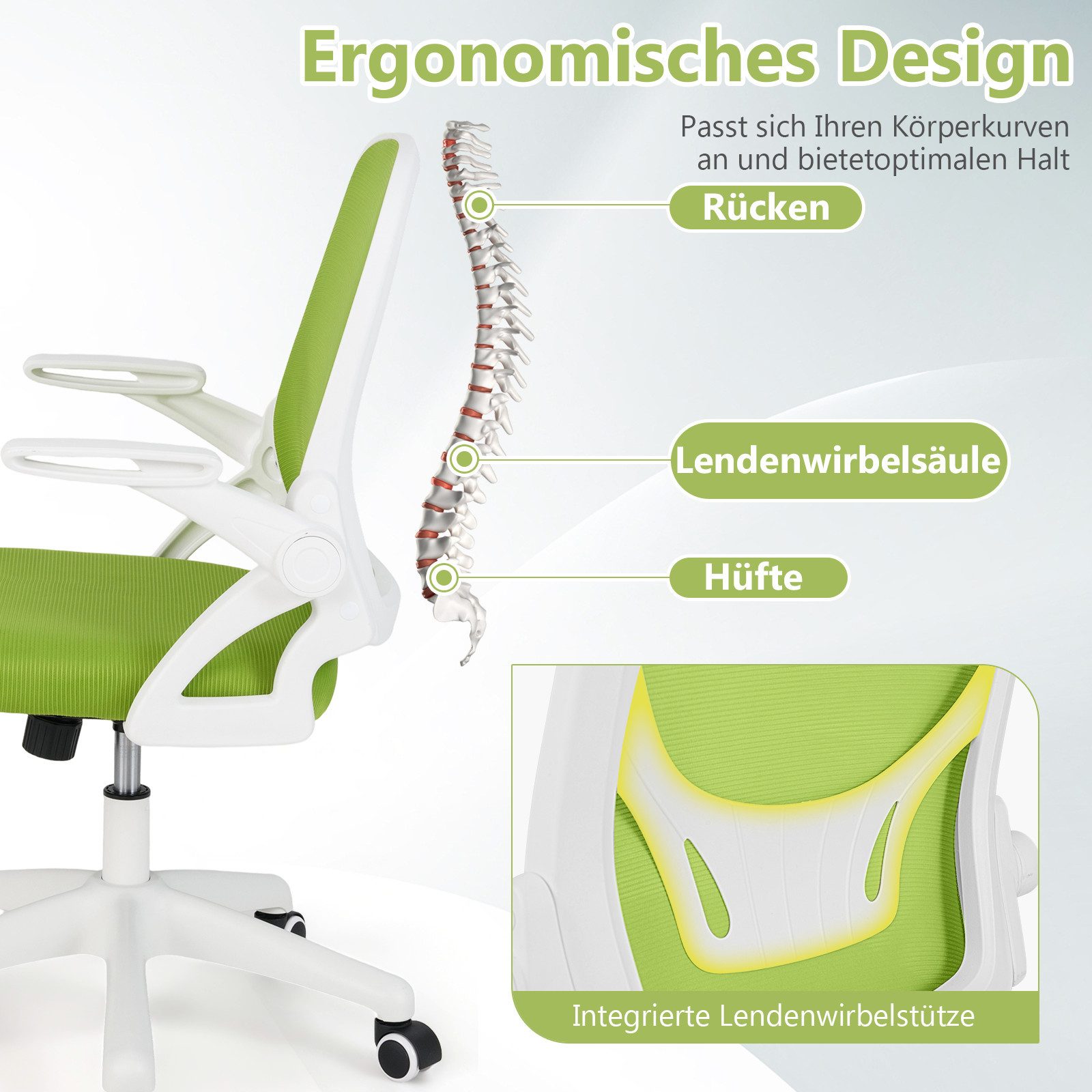 COSTWAY Bürostuhl, Ergonomischer Drehstuhl mit hochklappbaren Armlehnen