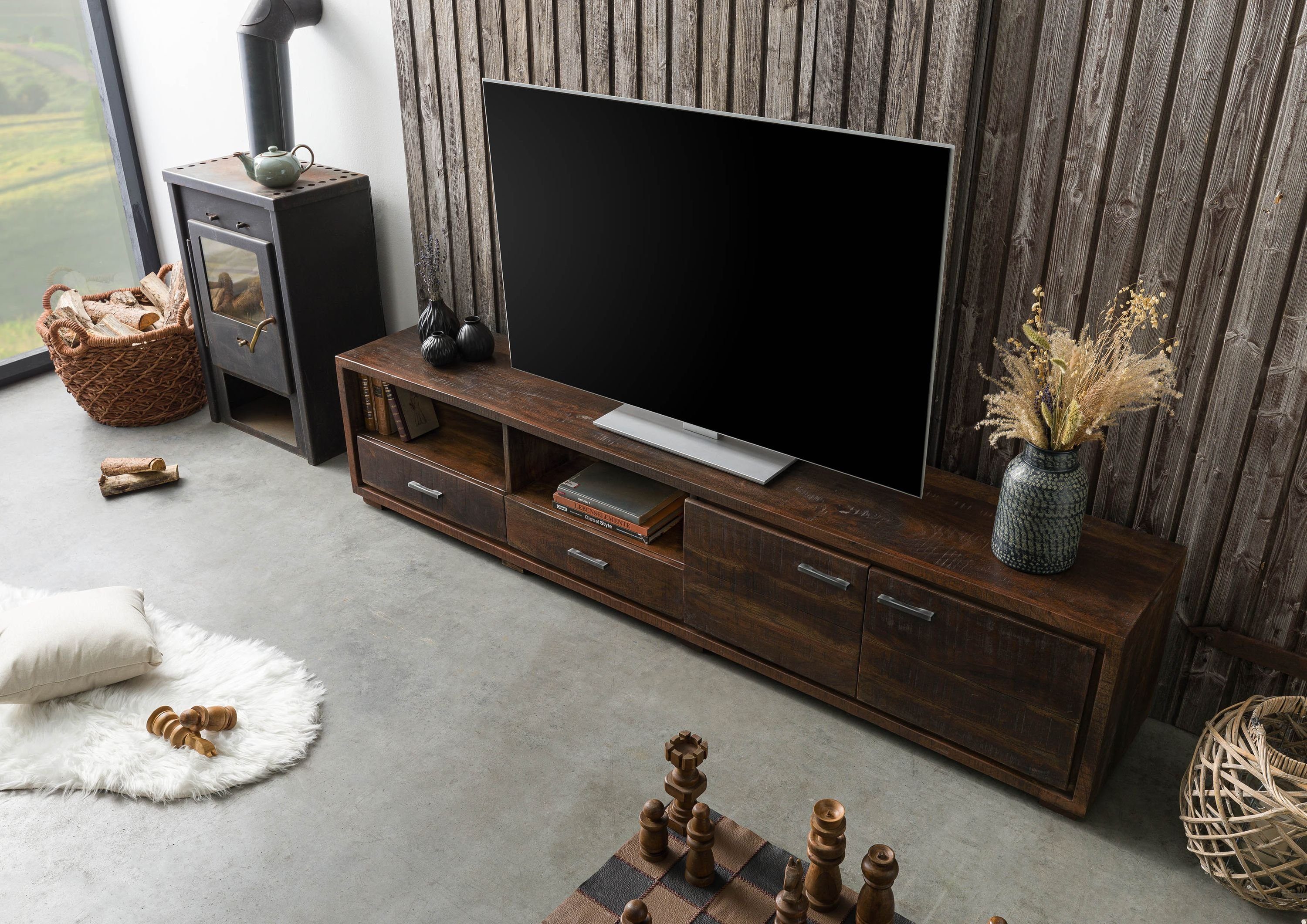 Massivmoebel24 TV-Board BARK (Massivholz), Akazie 220x40x47 dunkelbraun lackiert BARK #210