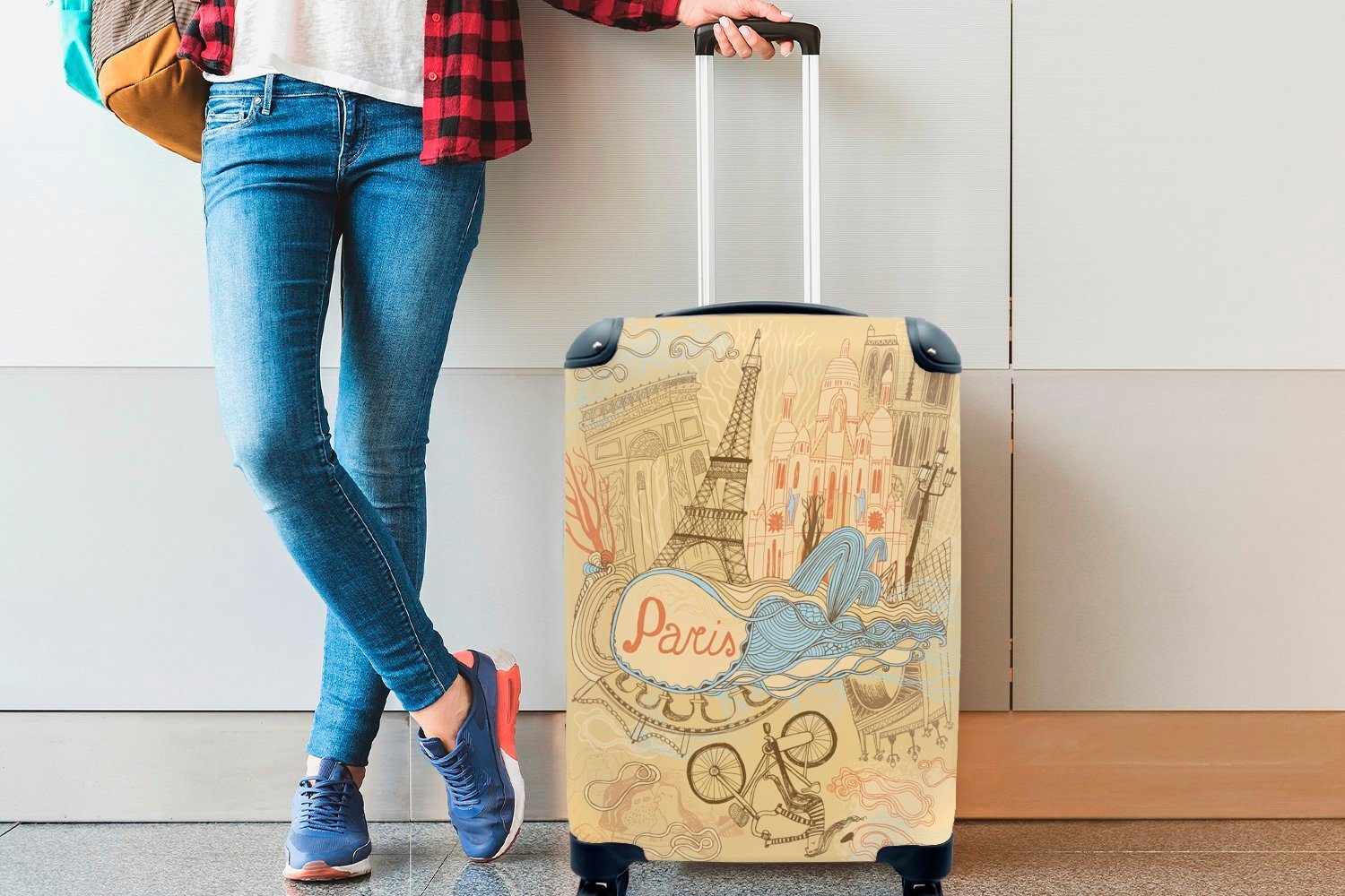 MuchoWow Handgepäckkoffer Paris - Reisetasche - Zeichnung, Handgepäck Trolley, 4 rollen, Reisekoffer für Ferien, Frankreich mit Rollen