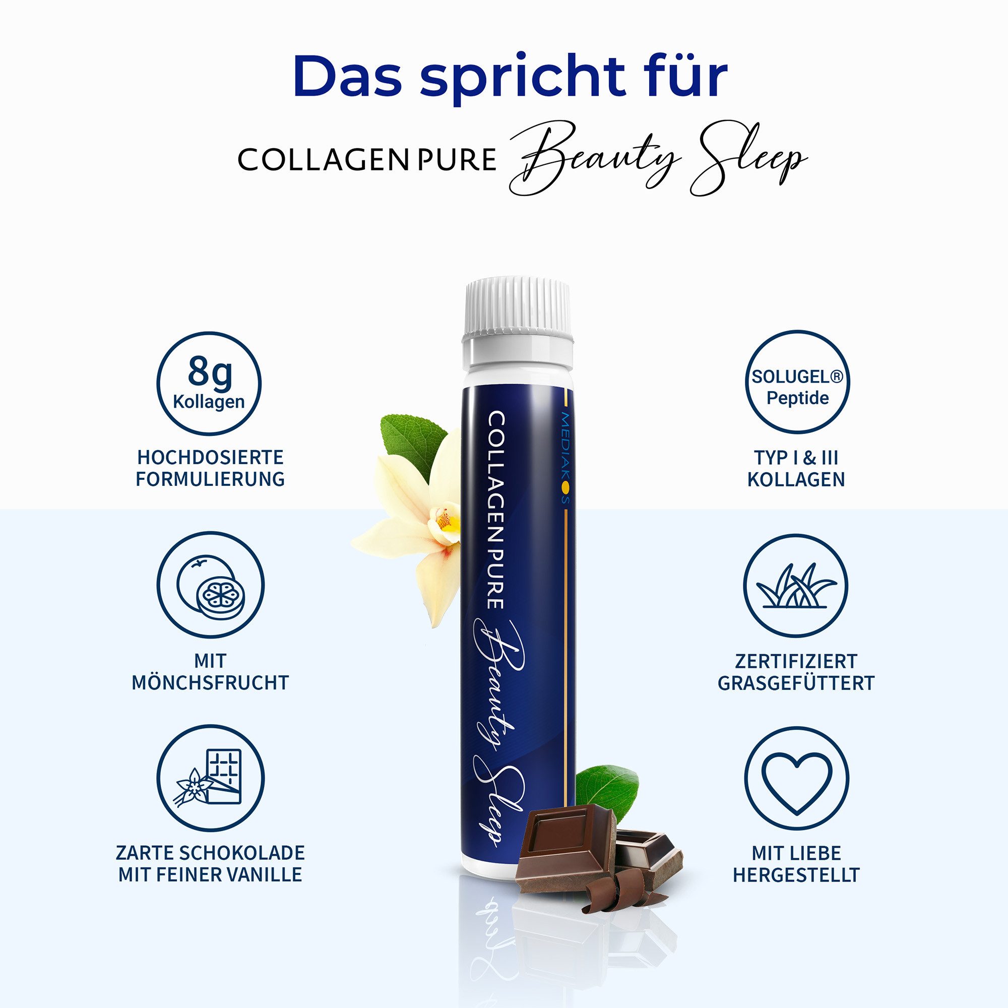 COLLAGEN PURE COLLAGEN PURE Beauty Sleep – Kollagen & Melatonin Trinkampullen, mit Hyaluronsäure, Resveratrol, Vitamin C, Zink, Magnesium & L-Theanin à 28 St., 700 ml