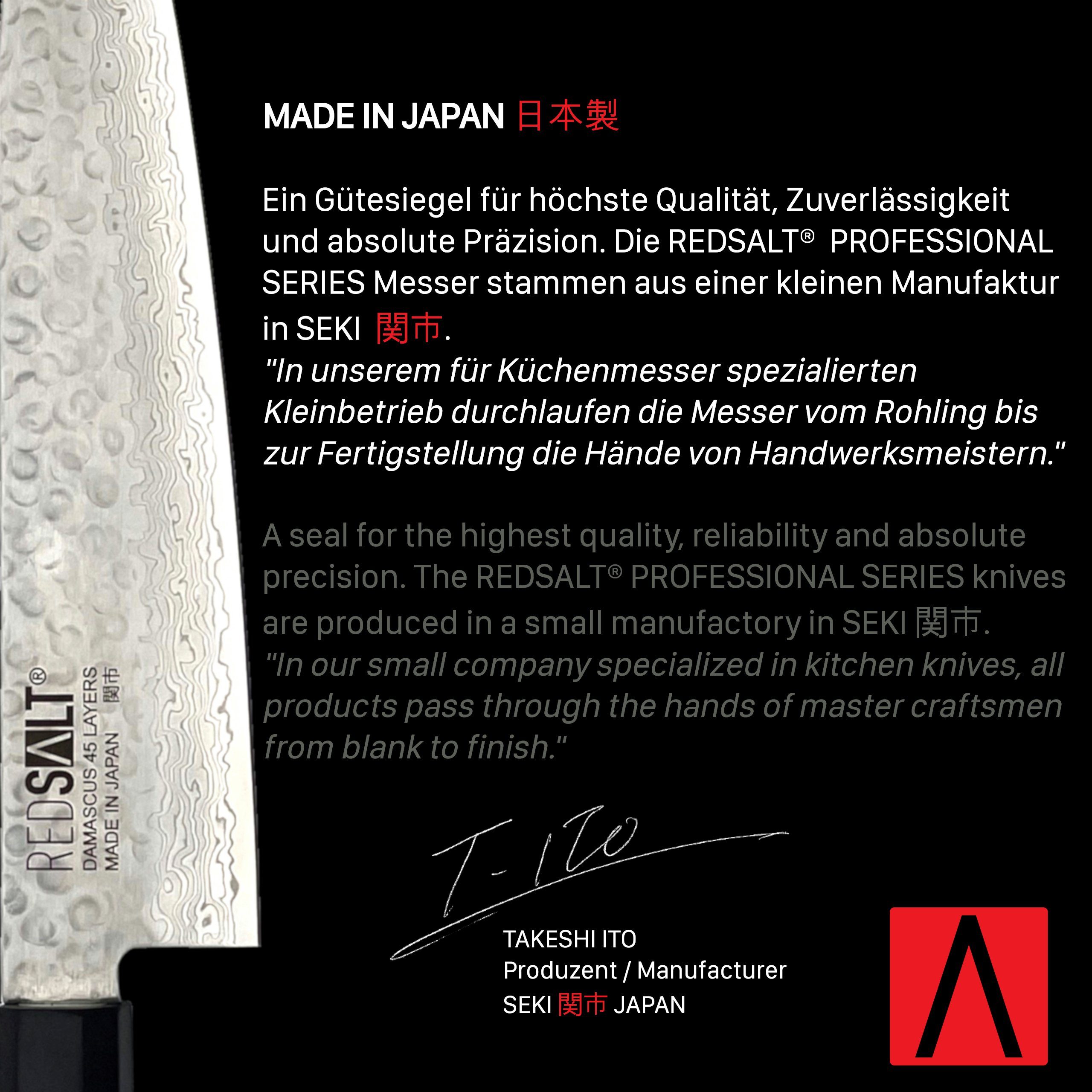 in Klingenschutz, mit Profi Damastmesser & REDSALT® 21cm Küchenmesser handgerfertigt, Japan Ledertasche Made GYUTO