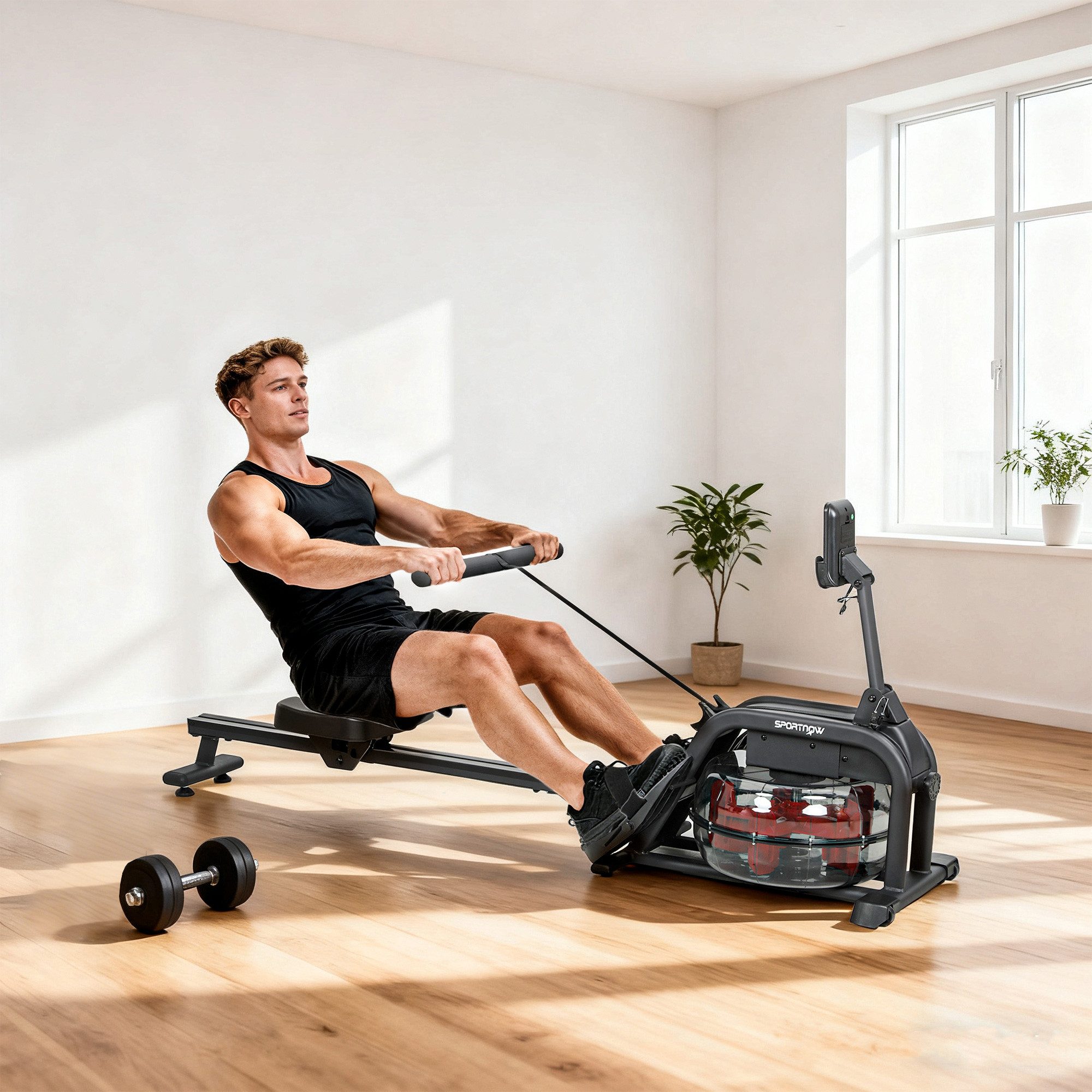 SPORTNOW Rudergerät mit LCD Display, Handyhalterung, Komfortabler Sitz, Vertikale Lagerung (Rudermaschine für Heimfitness, 1-tlg., Wasserrudergerät), für Zuhause, Schwarz