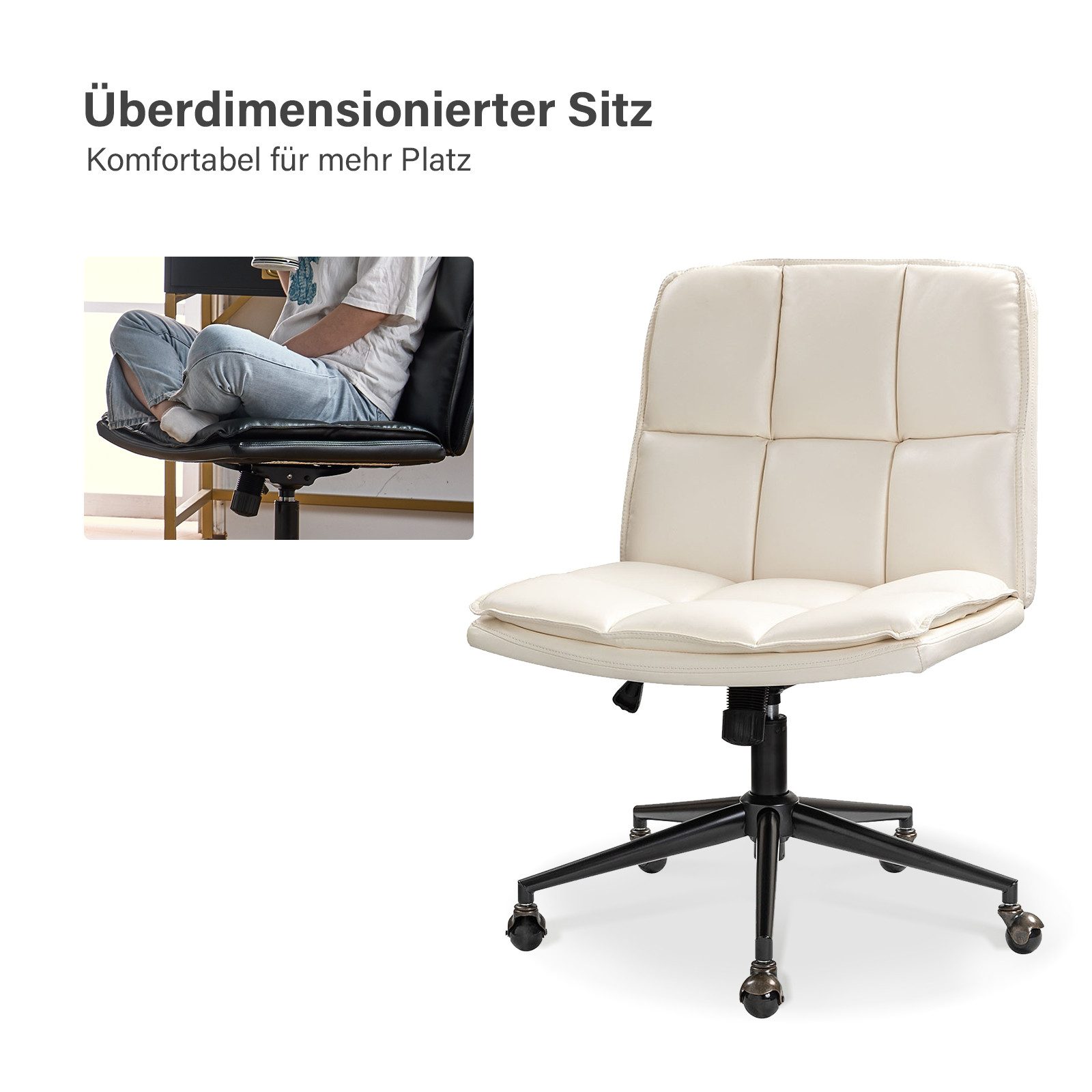 HULALA HOME Bürostuhl Schneidersitz Stuhl mit veganem Leder und verstellbarer Höhe, ohne Armlehnen, mit 360-Grad Drehfunktion & zeitgemäßen Design