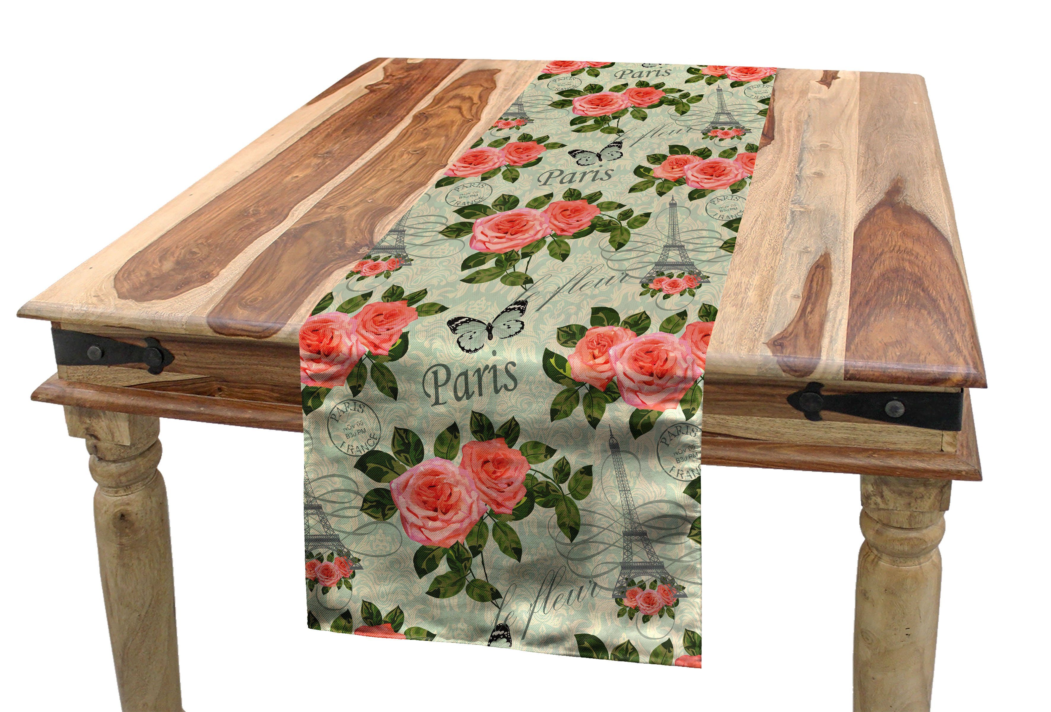 Abakuhaus Tischläufer Esszimmer Küche Rechteckiger Dekorativer Tischläufer, Romantisch Paris Themed Blumen