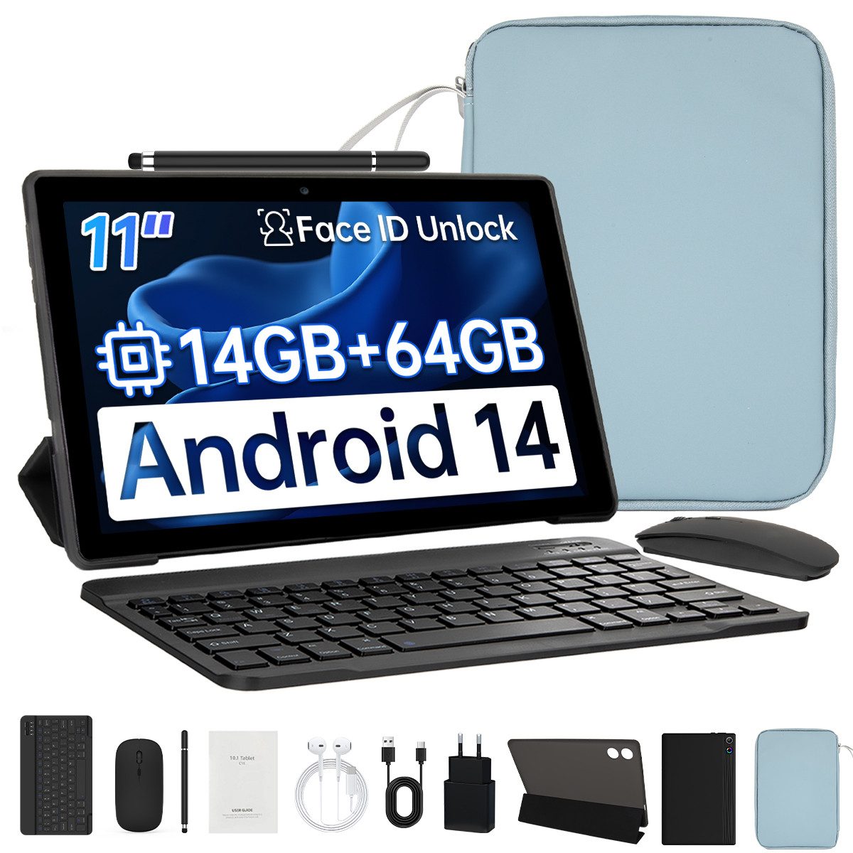 BUFO 11 Zoll 3 GB+64 GB, 6800mAh, WiFi 6, mit Maus Tastatur Stift Hülle Set Tablet (11", 64 GB, Android, AIC8800D80 802.11 a/b/g/n/ax/ac (WiFi 6) + BT5.3, Android 14, Duale Kamera, 1280x800 IPS HD, WiFi 6, Bluetooth 5.3)