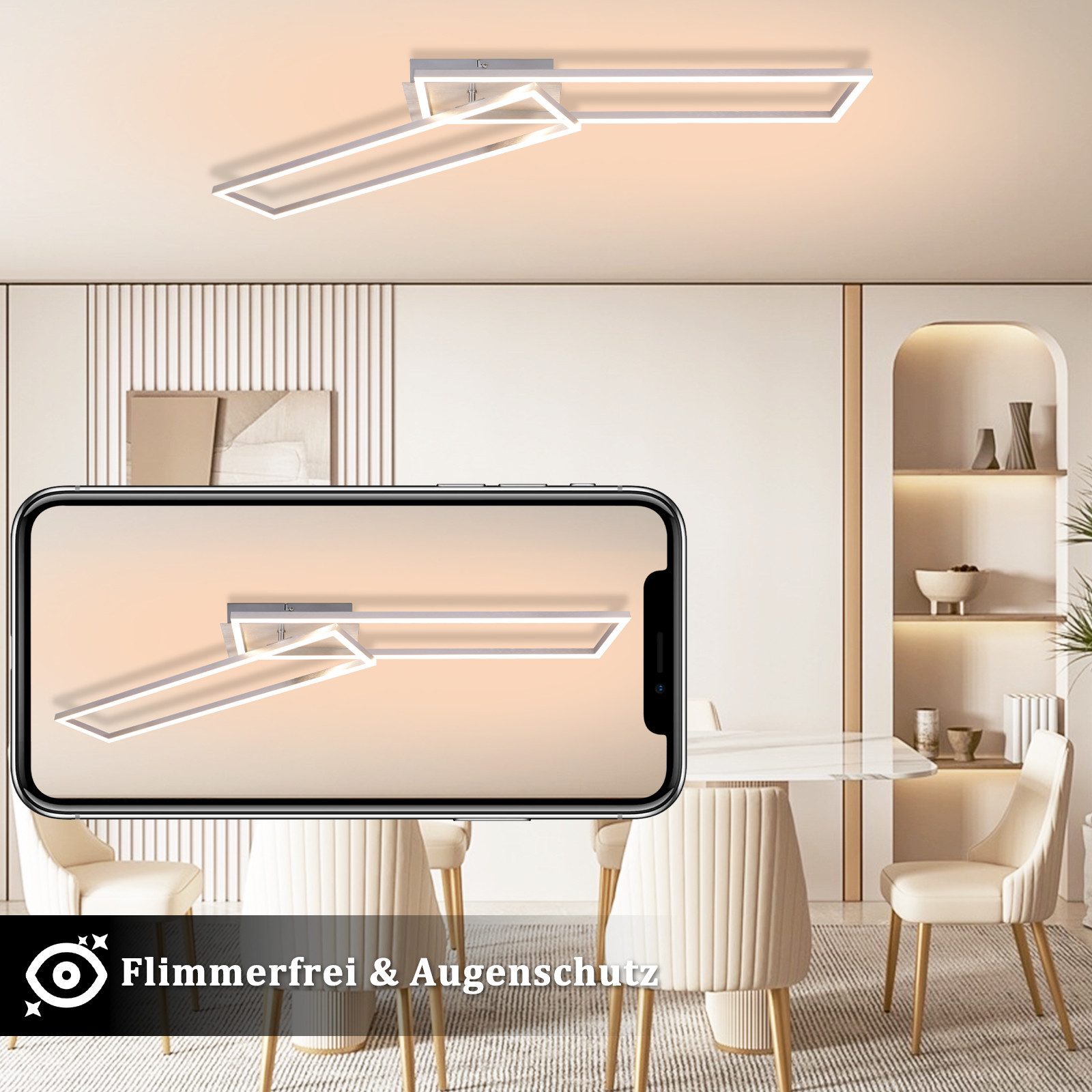 Nettlife LED Deckenleuchte Schlafzimmer Silber Dimmbar 64CM 36W Geometrisch Wohnzimmer, mit Fernbedienung, LED fest integriert, Farbwechsler, 3000K-6500K mit Fernbedienung für Flur Schlafzimmer Hotelzimmer