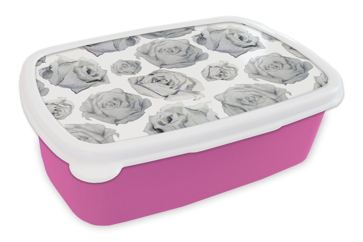 MuchoWow Lunchbox Rosen - Blume - Schwarz und weiß - Muster, Kunststoff, (2-tlg), Brotbox für Erwachsene, Brotdose Kinder, Snackbox, Mädchen, Kunststoff rosa