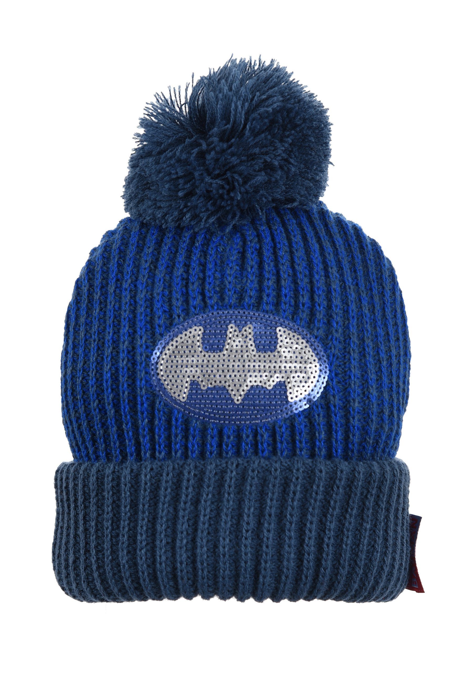 Logo Bommelmütze Batman Strickmützte aus Blau Bommel Spider-Man Winter-Mütze Pailletten