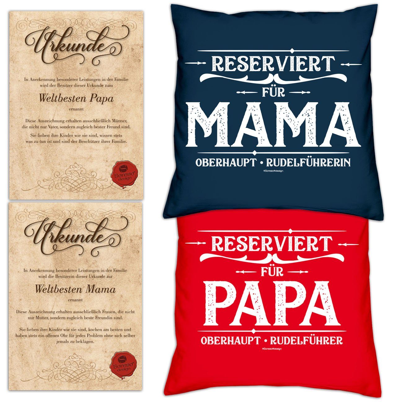 Kissen-Set mit Urkunden, Geschenk Vatertag Soreso® für Mama Papa navy-blau für Dekokissen Reserviert Muttertag Reserviert