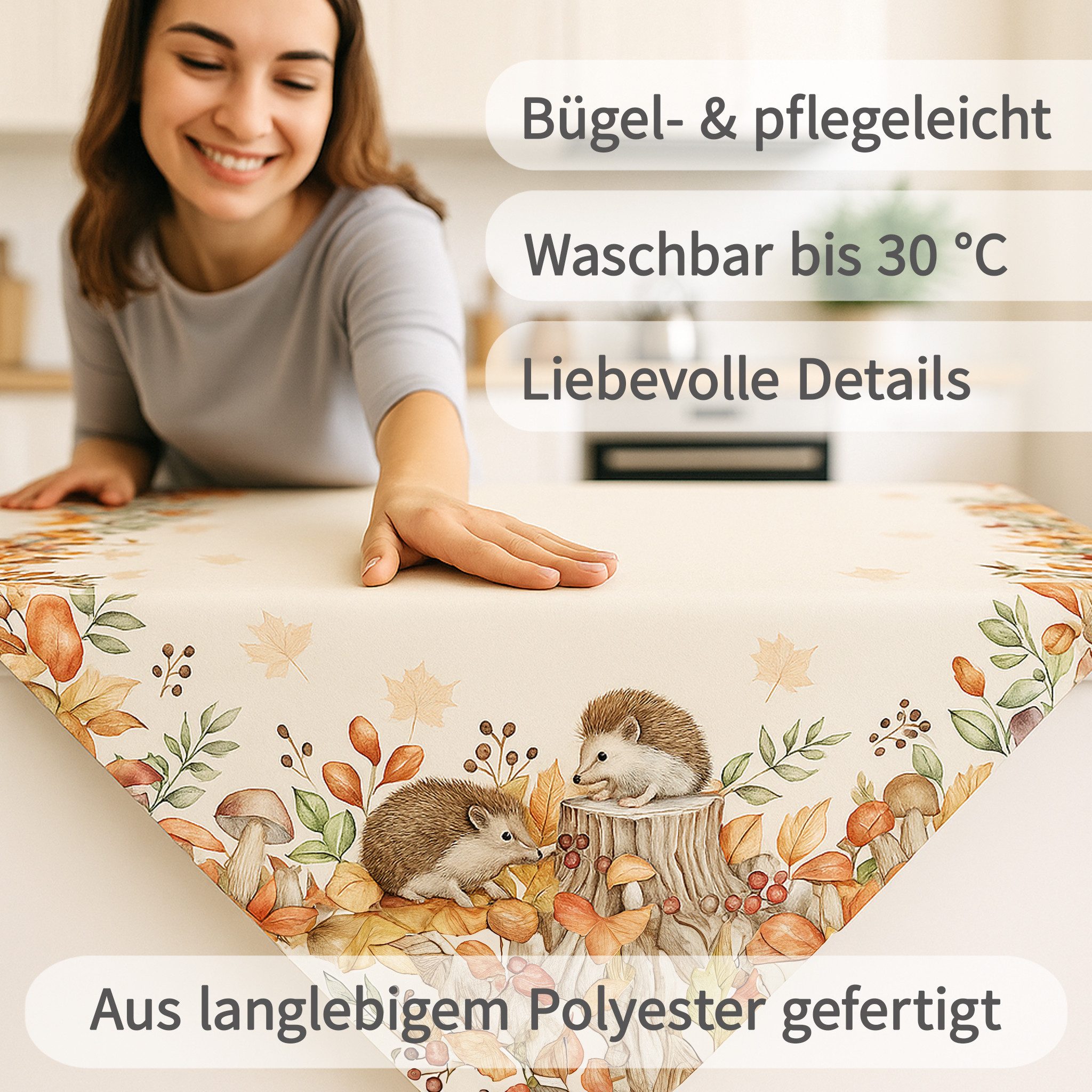 matches21 HOME & HOBBY Tischdecke Tischläufer Herbst 40 x 140 cm mit Motiv Igel, Pilze & Blätter in ecru (1-tlg), Tischdeko für Küche & Tisch