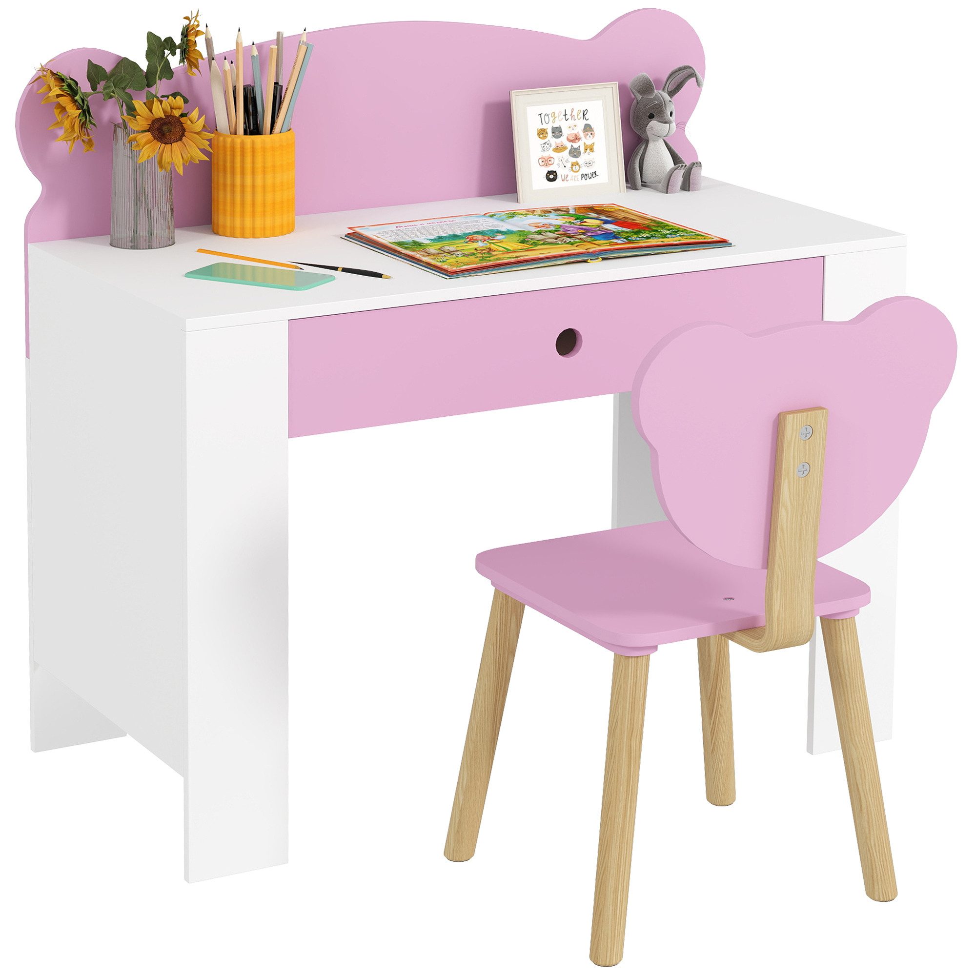 AIYAPLAY Kindertisch Kindertisch Schülerschreibtisch mit Schublade mit Bärenform (Kinderschreibtisch Set, 2-St., Kinder Schreibtisch und Stuhl), Jugendschreibtisch für Jungs & Mädchen Rosa