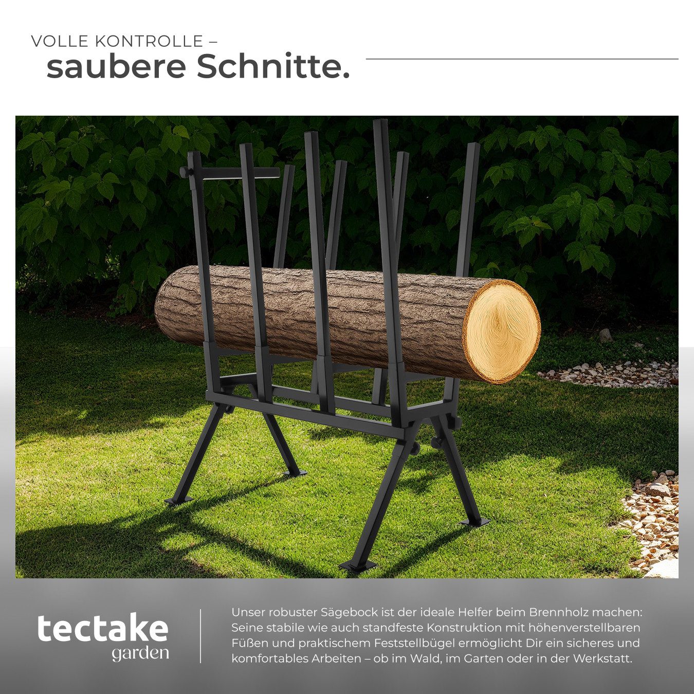 tectake Klappbock Holzsägebock 76 x 53 x 102 cm aus lackiertem Stahl, zerlegbar, (Kettensägebock, in schwarz), Feststellbügel, höhenverstellbare Füße, Belastbar – Bild 4 von 5