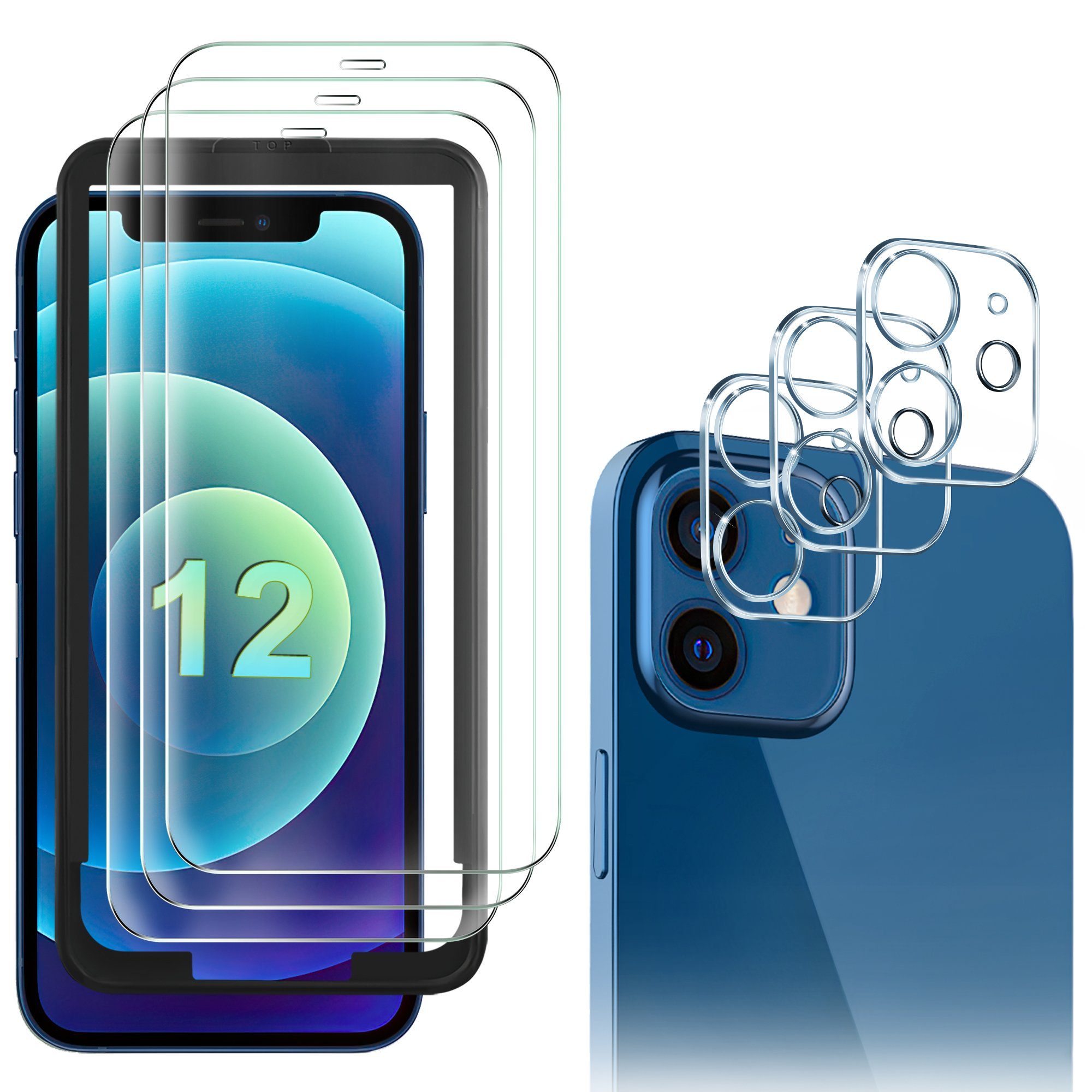 GESMA Schutzfolie Displayschutz Displayschutzfolie für iPhone 12, inklusive 3 Stück High-Definition-Display-Schutzglas, 3 Stück Kamera-Schutzglas, einem Installations-Locator und einem Installations-Kit