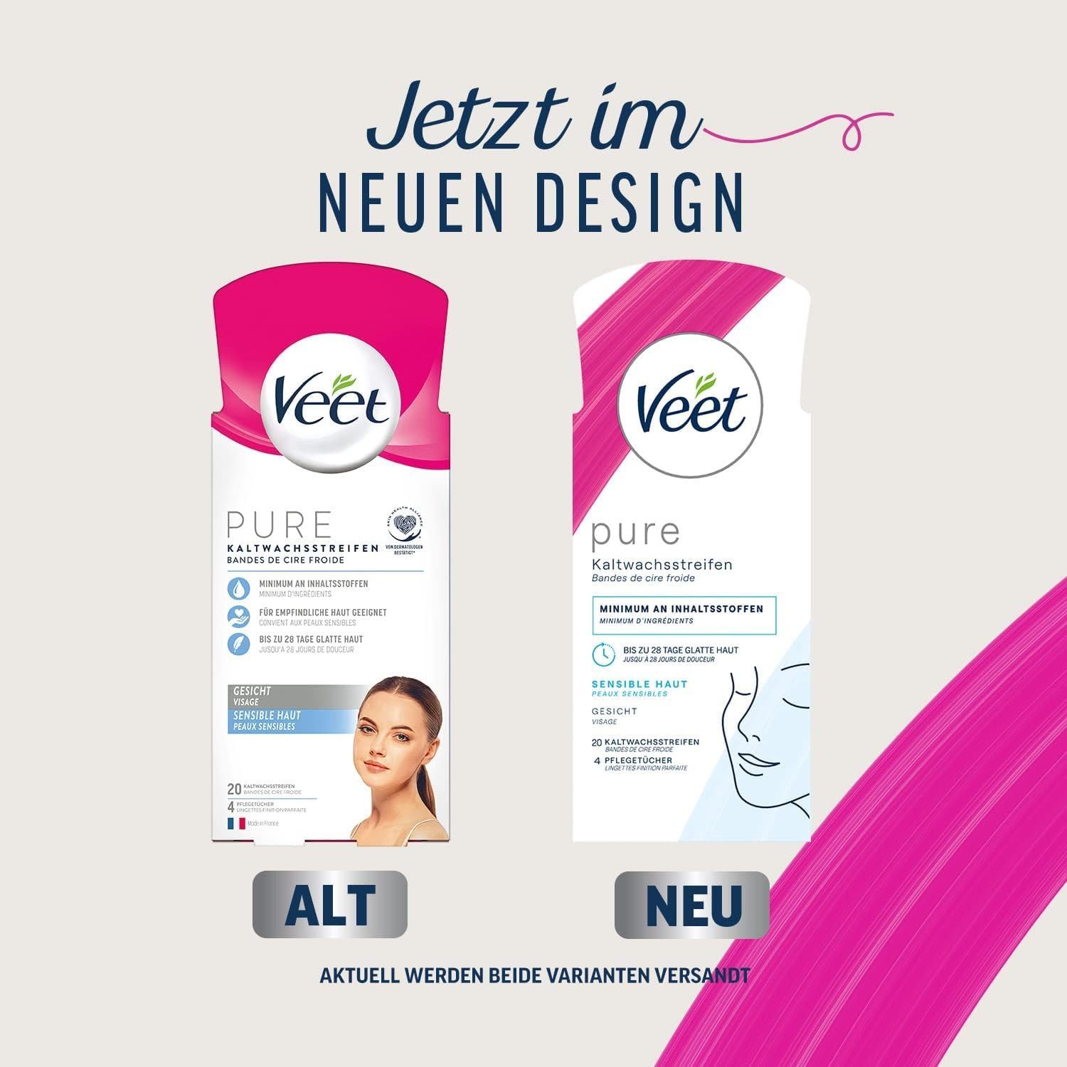 Veet Kaltwachsstreifen für Haarentfernung im Gesicht, 20 St., für sensible Haut, mit EASY-GELWAX TECHNOLOGIE