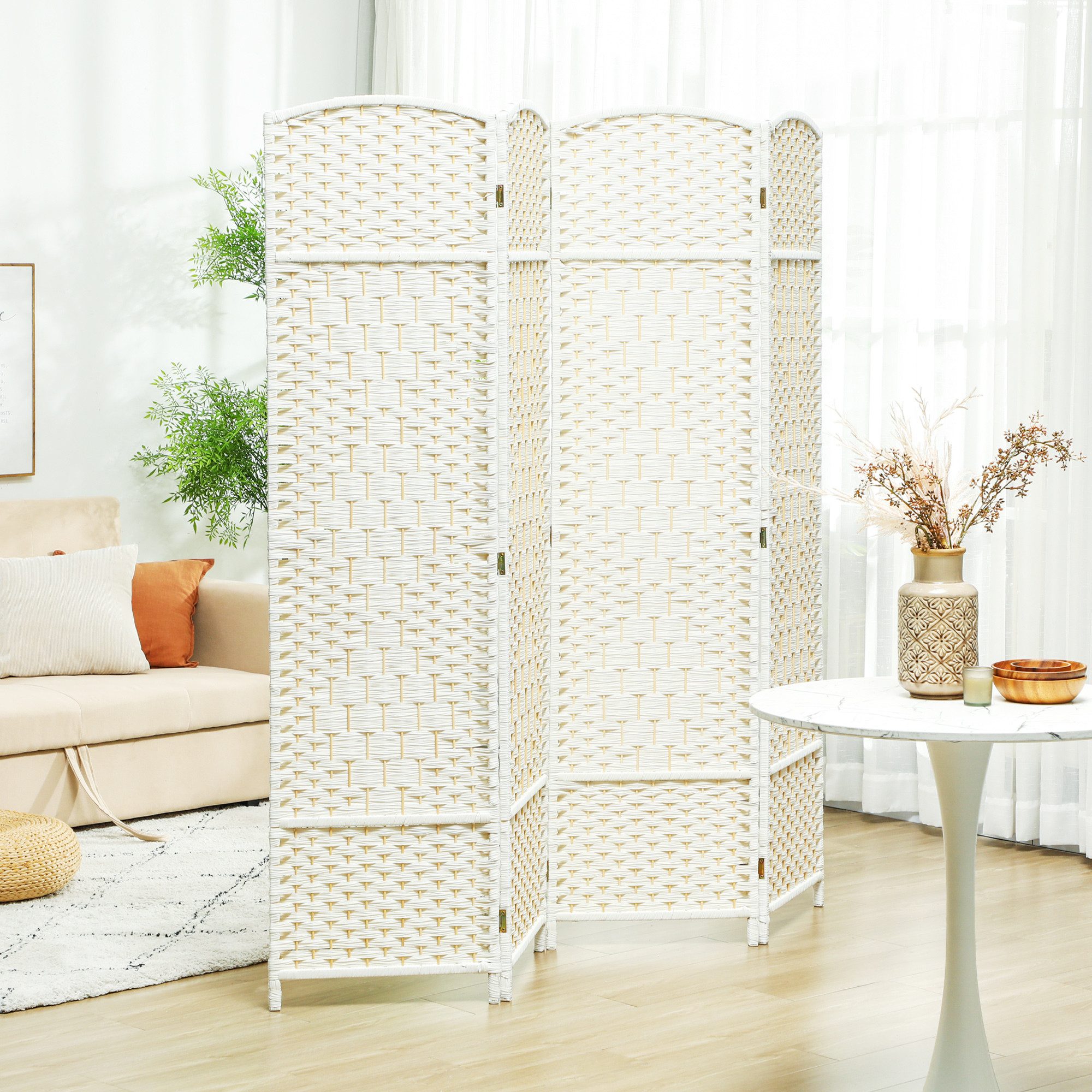 HOMCOM Paravent Raumtrenner Stellwand Sichtschutz Naturholz (Raumteiler, 1 St., Trennwand), 180 x 1,7 x 180 cm, Weiß