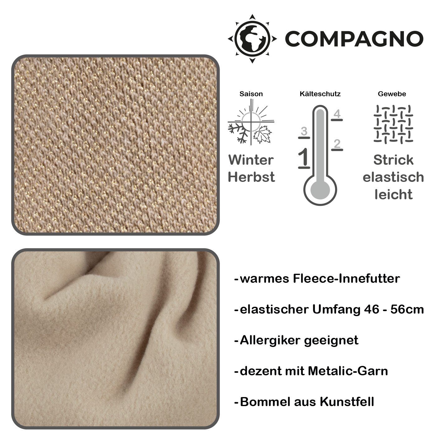 (1-St) Beanie Mütze Strickmütze hellbraun Metallic-Garn Bommelmütze Wintermütze compagno Damen