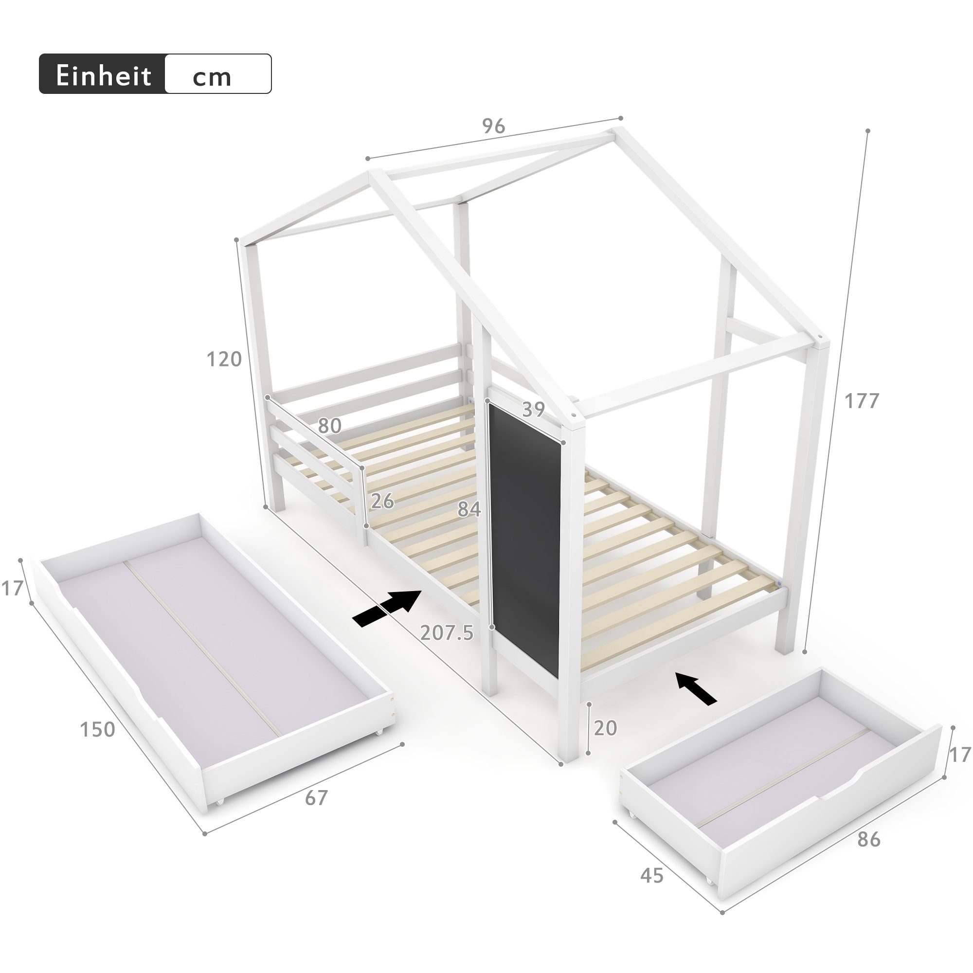 Kinderbett (Hausbett mit Rausfallschutz und Lattenrost, Holzbett mit Tafel und 2 Schubladen), Einzelbett 90 x 200 cm Bett für Kinder, Mädchen und Jungen