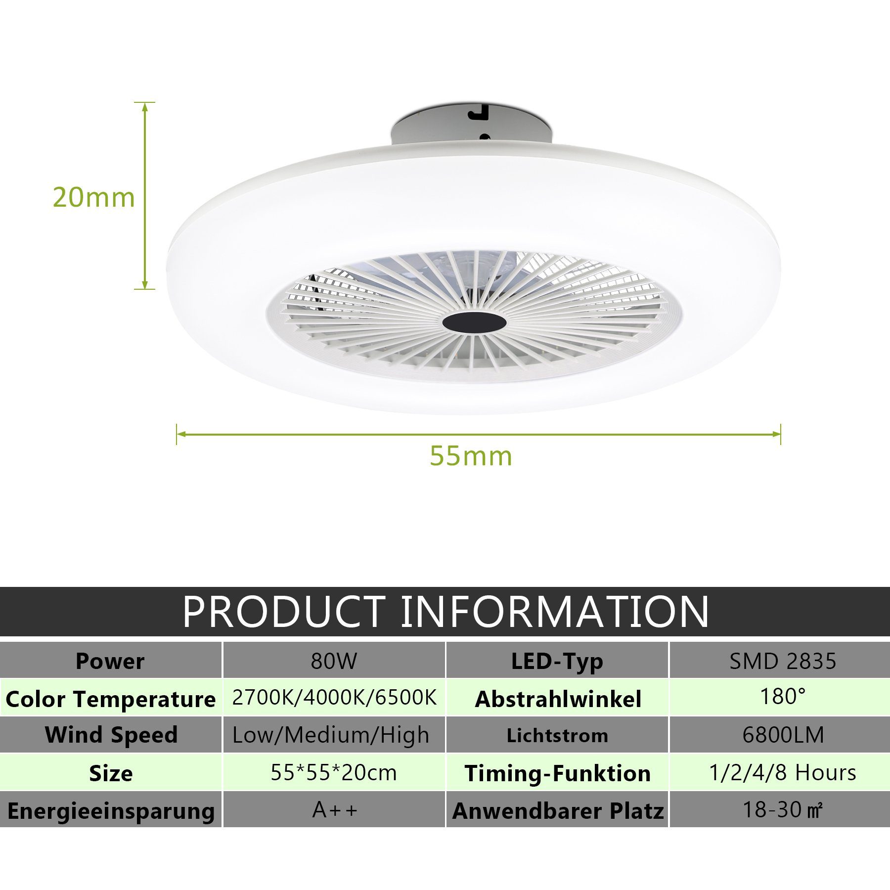 Clanmacy Deckenventilator 80W Dimmbar Deckenventilator Weiß LED Lampe Ventilator Timer Fernbedienung Wohn