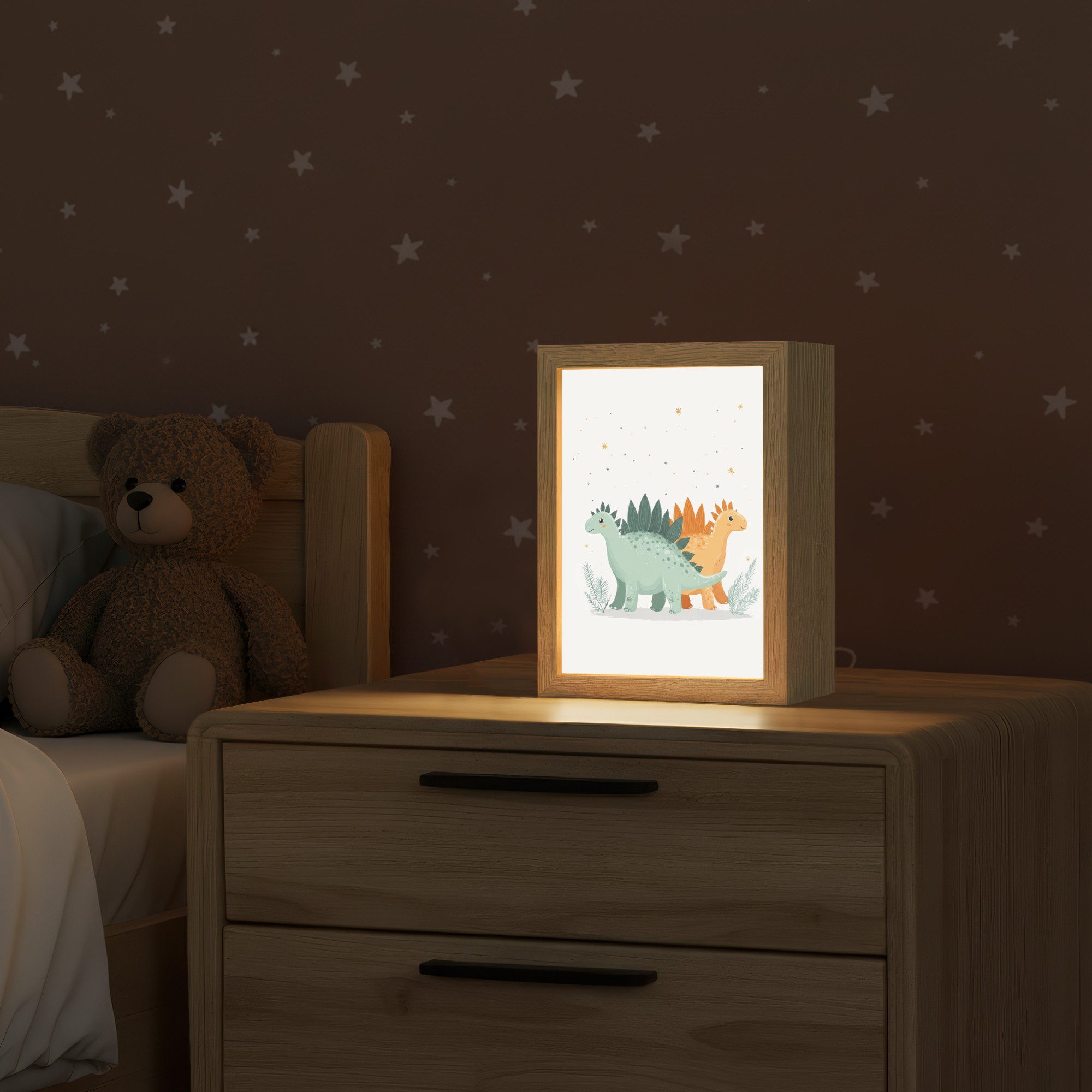 OnlyWow Nachttischlampe Lightbox Pflanzen - Sterne - Dinosaurier - Orange - Jungen, Dimmbar, Farbwechsel, LED, Warmweiß, Kaltweiß, Neutralweiß Einstellbar, Kinderzimmer, Babyzimmer, Dimmbar, mit Kabel, Nachtlampe, LED