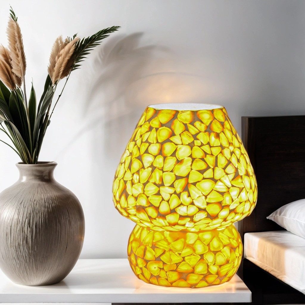 Marrakesch Orient & Mediterran Interior Nachttischlampe Boho Deko Tischlampe Nachtischlampe aus Muscheln Mosaik Aubina -2-, Handarbeit